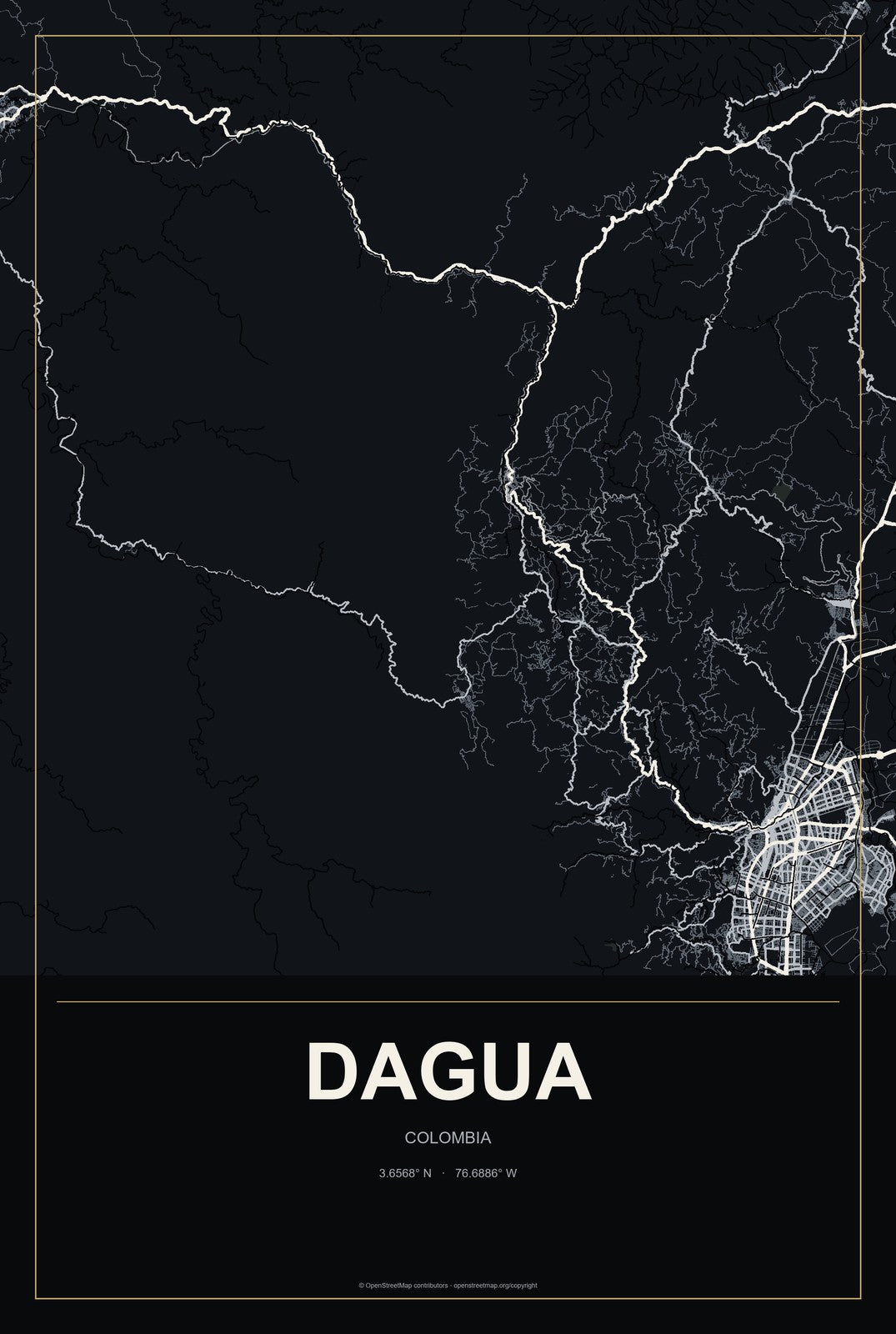 Dagua, Colombia City Map Aluminum Sign in Metropolitan Noir style