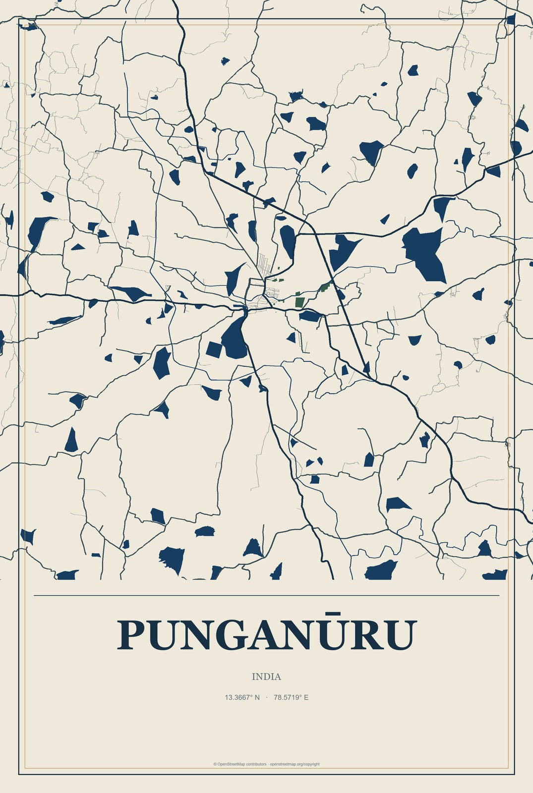 Punganūru, India City Map Aluminum Sign in Coastal Cutout style