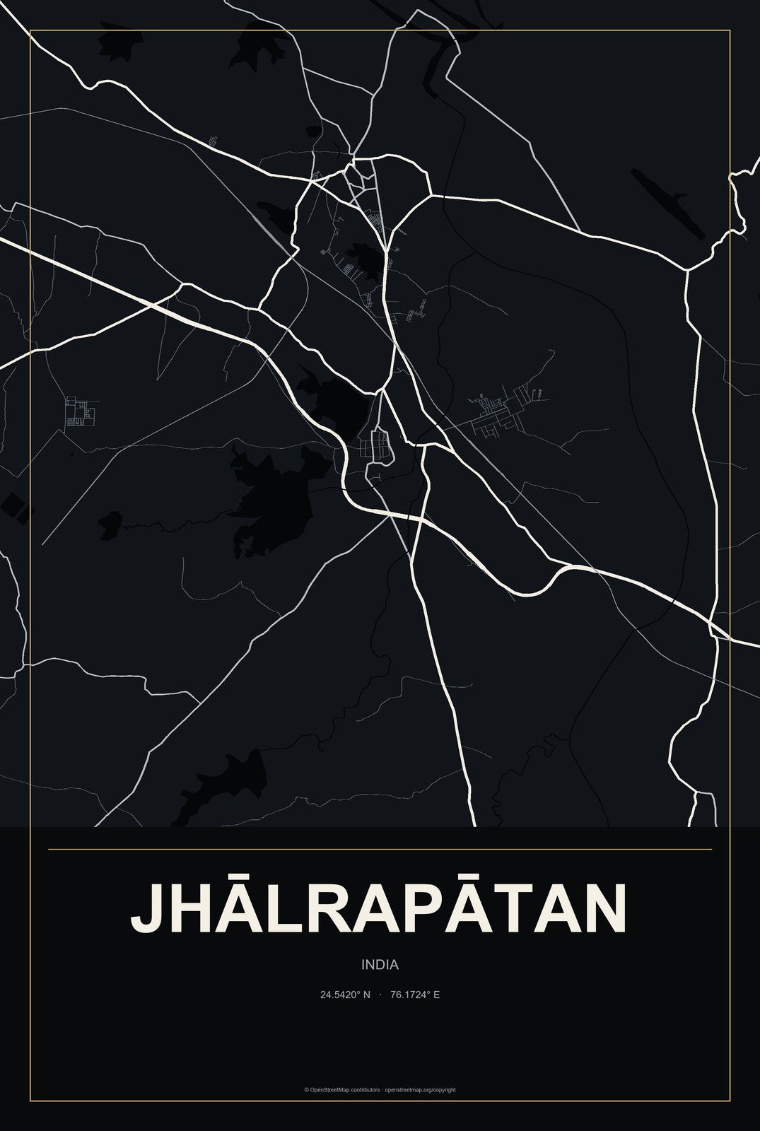 Jhālrapātan, India City Map Aluminum Sign in Metropolitan Noir style