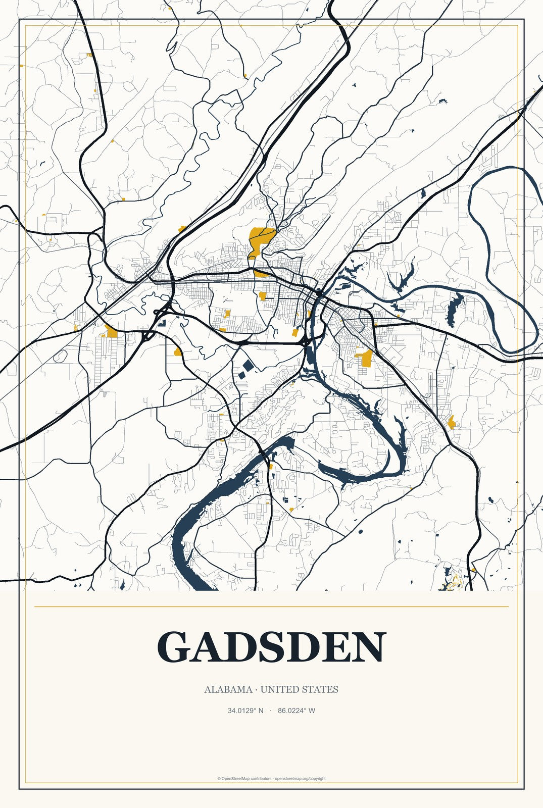 Gadsden, Alabama City Map Aluminum Sign in Citrine Modern style