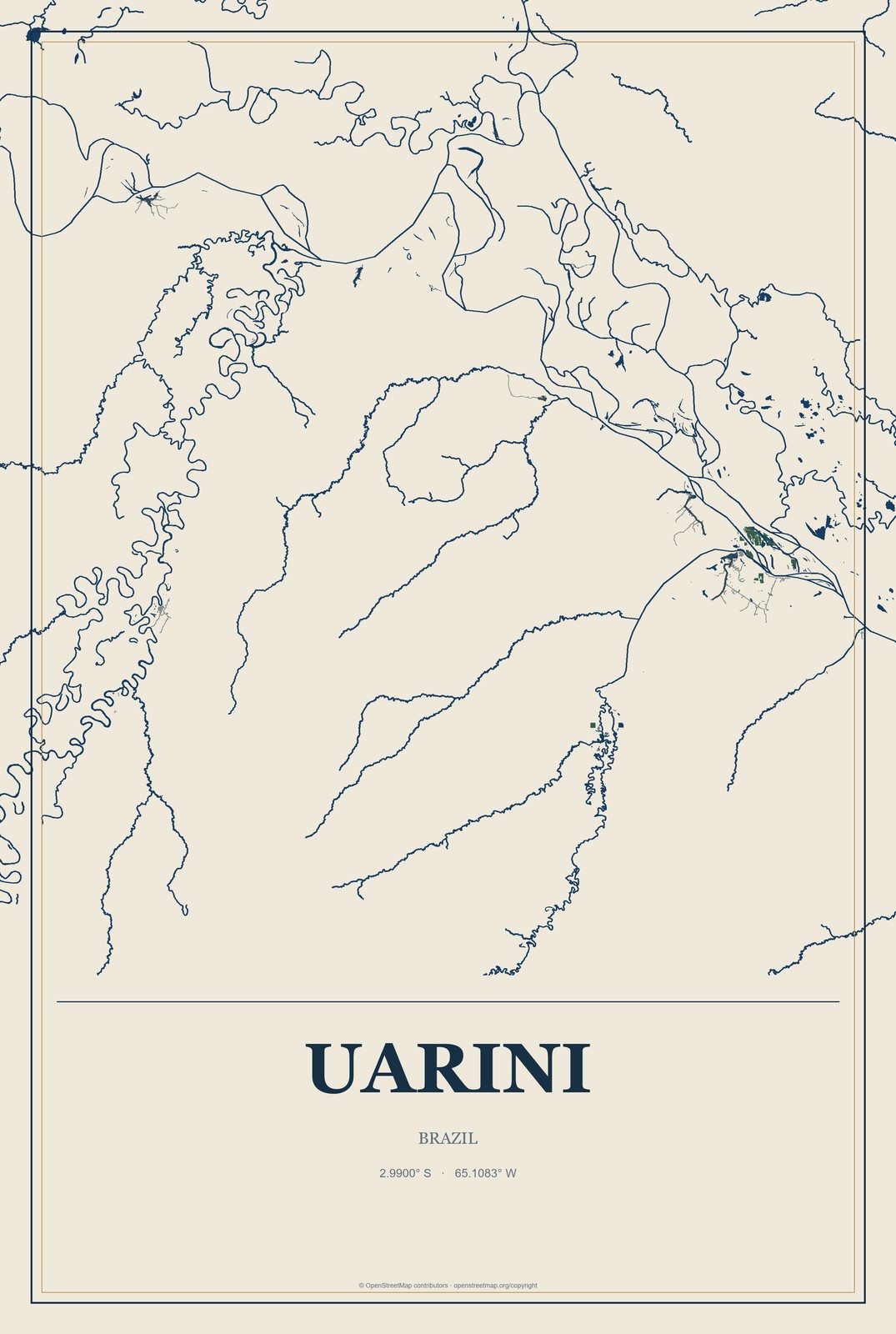 Uarini, Brazil City Map Aluminum Sign in Coastal Cutout style