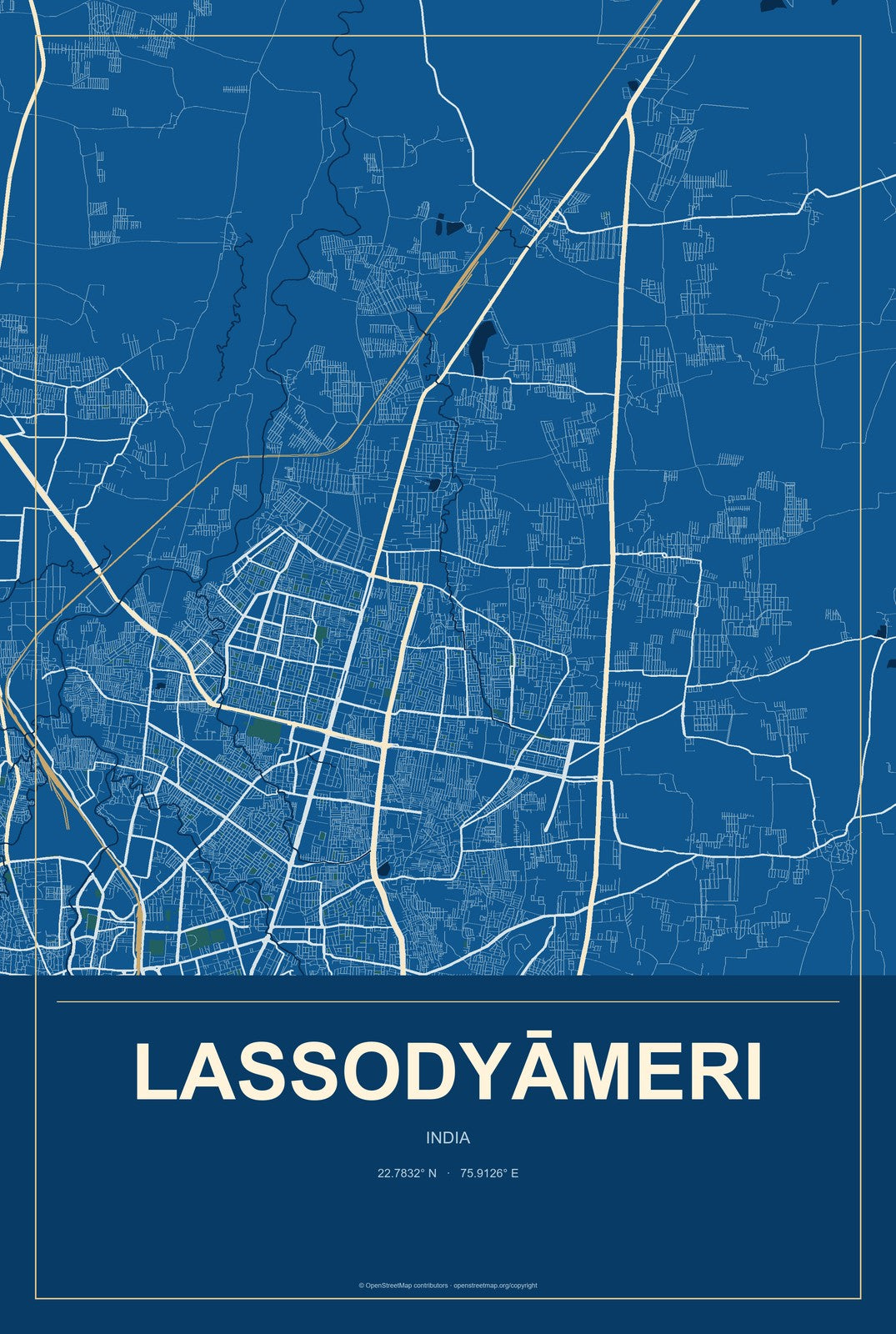 Lassodyāmeri, India City Map Aluminum Sign in Harbor Cobalt style