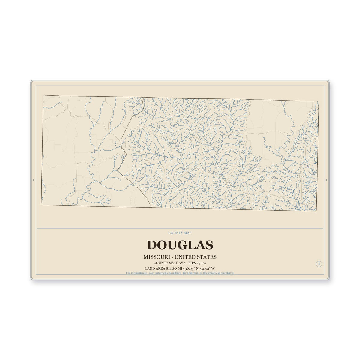 Douglas County, Missouri Map Aluminum Sign in Heritage Nautical style