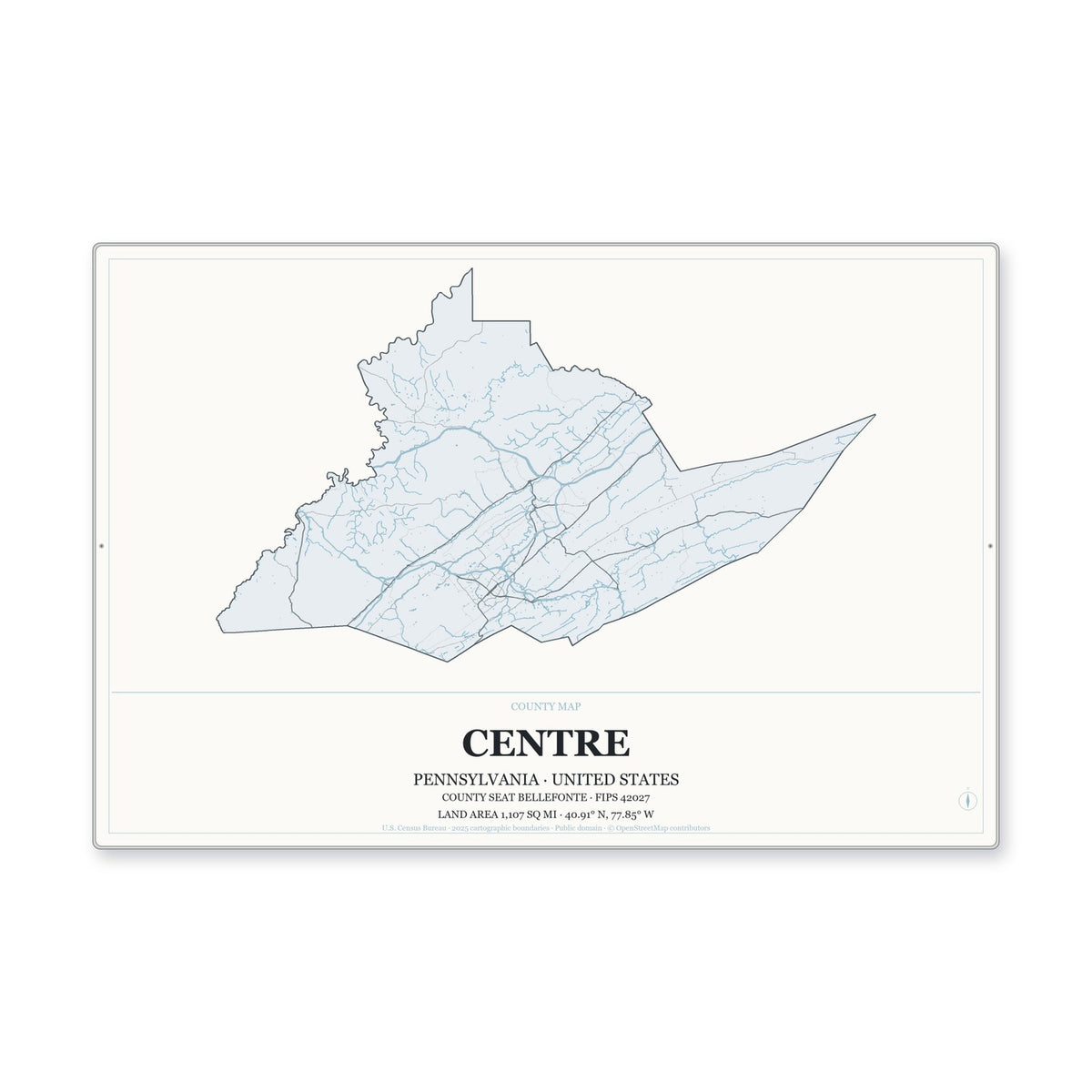 Centre County, Pennsylvania Map Aluminum Sign in Gallery Air style