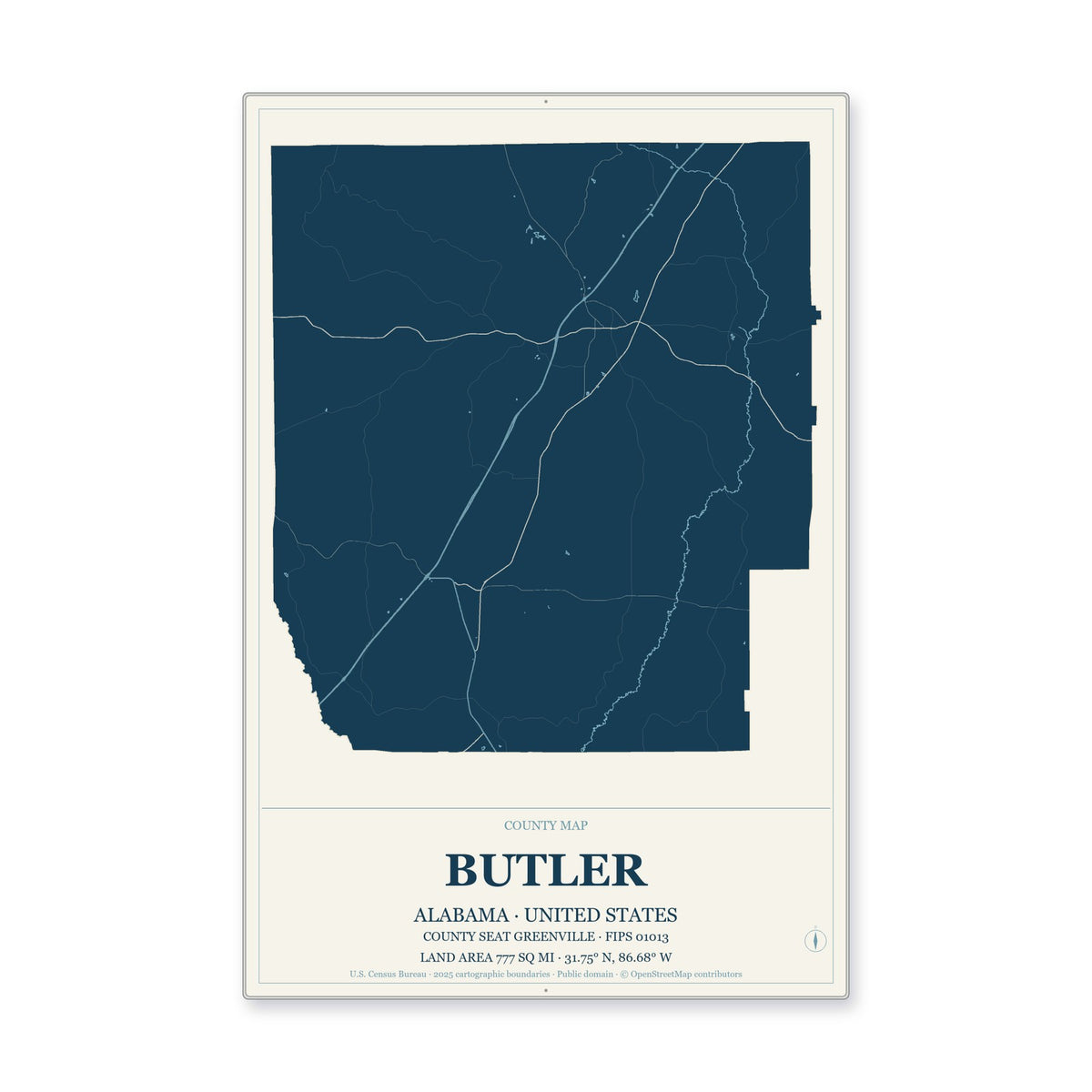 Butler County, Alabama Map Aluminum Sign in Coastal Cutout style