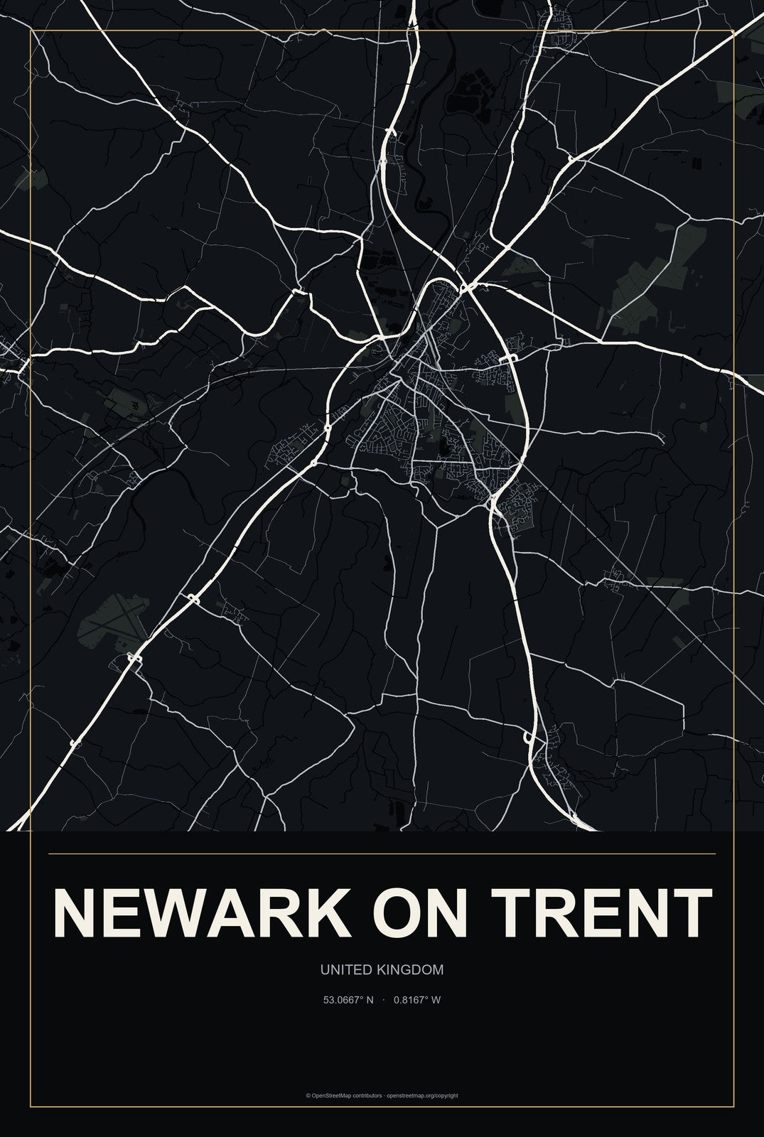 Newark on Trent, United Kingdom City Map Aluminum Sign in Metropolitan Noir style