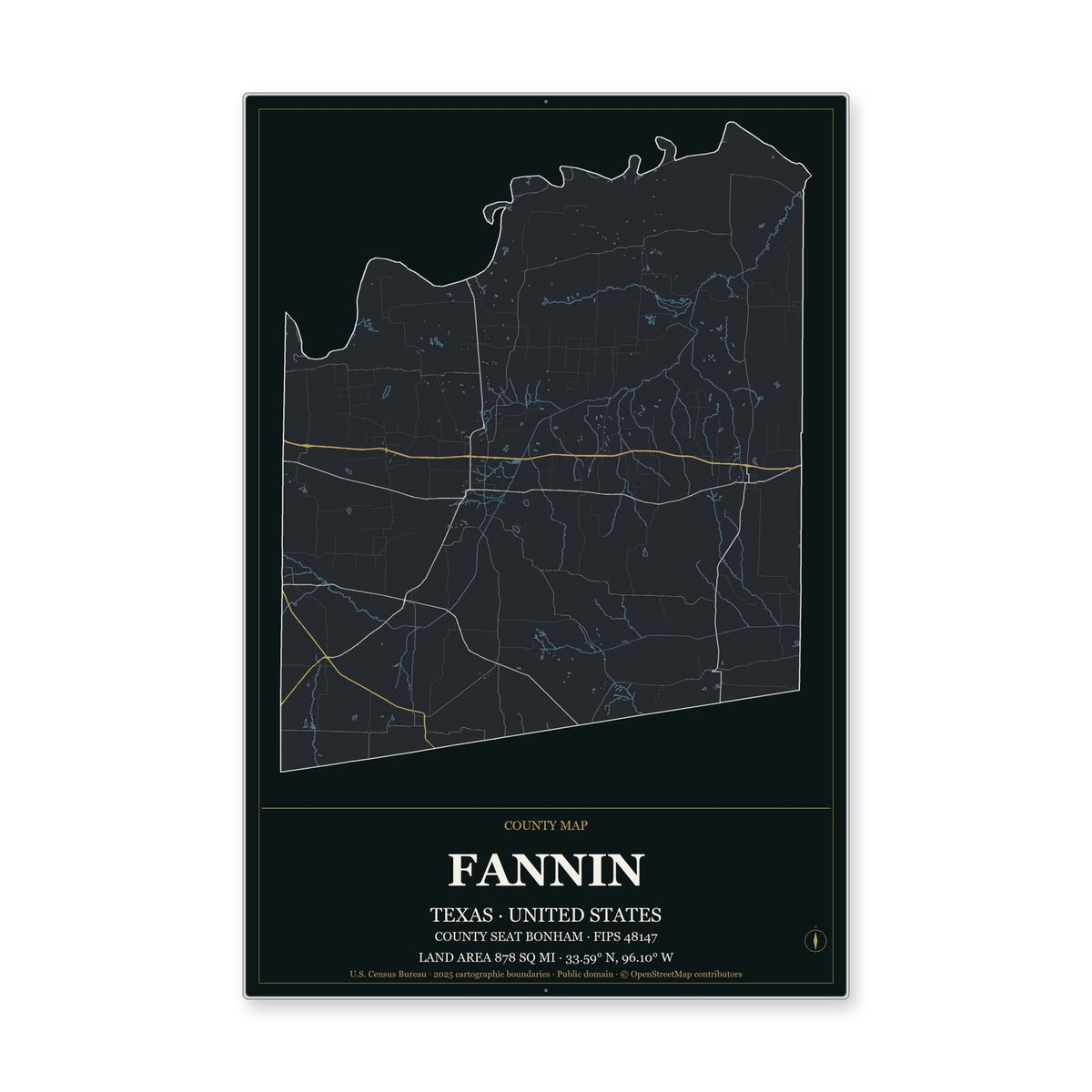 Fannin County, Texas Map Aluminum Sign in Metropolitan Noir style