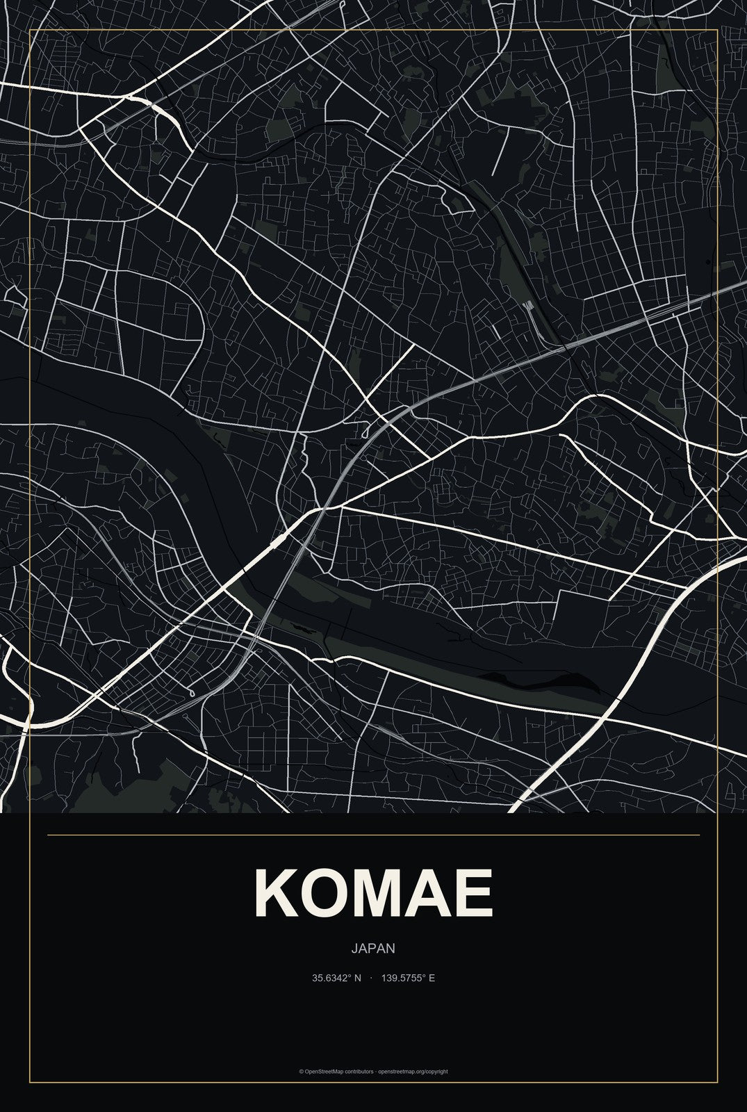 Komae, Japan City Map Aluminum Sign in Metropolitan Noir style