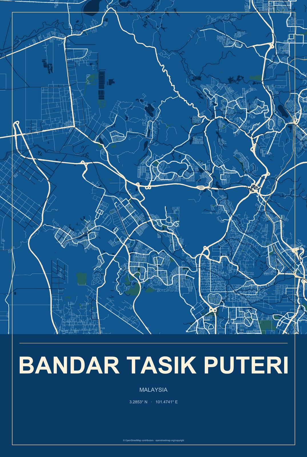 Bandar Tasik Puteri, Malaysia City Map Aluminum Sign in Harbor Cobalt style
