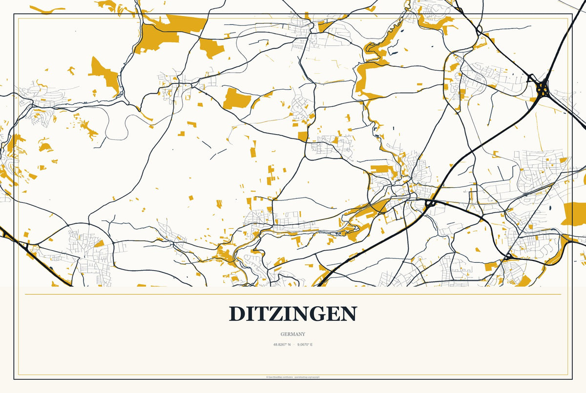 Ditzingen, Germany City Map Aluminum Sign in Citrine Modern style