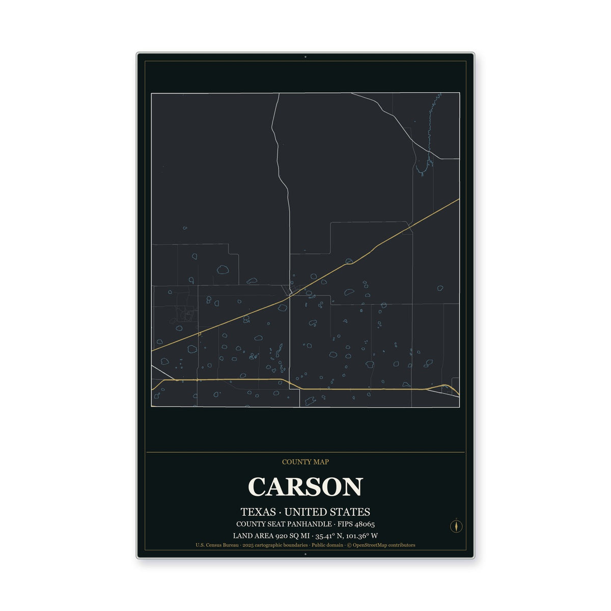 Carson County, Texas Map Aluminum Sign in Metropolitan Noir style