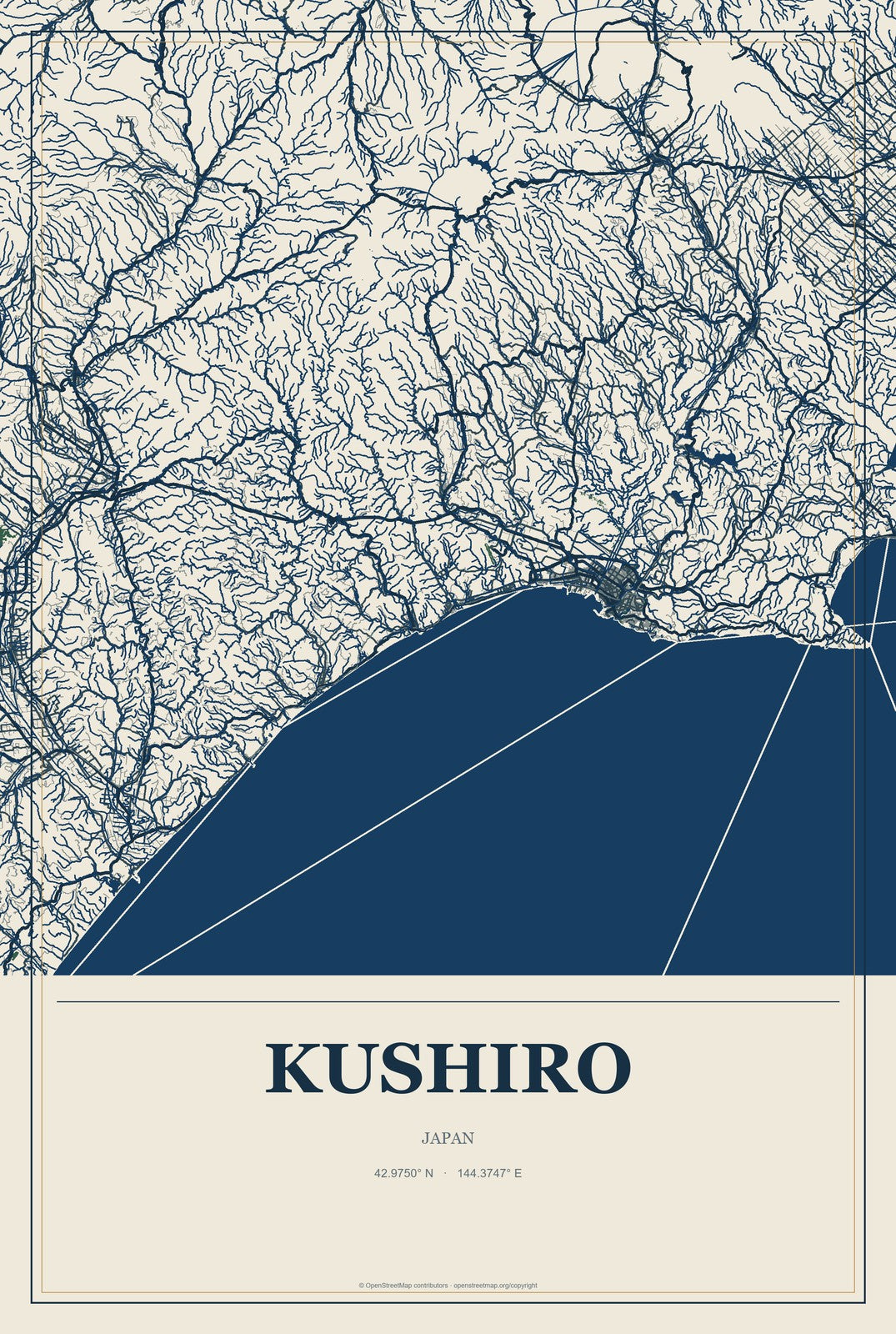 Kushiro, Japan City Map Aluminum Sign in Coastal Cutout style