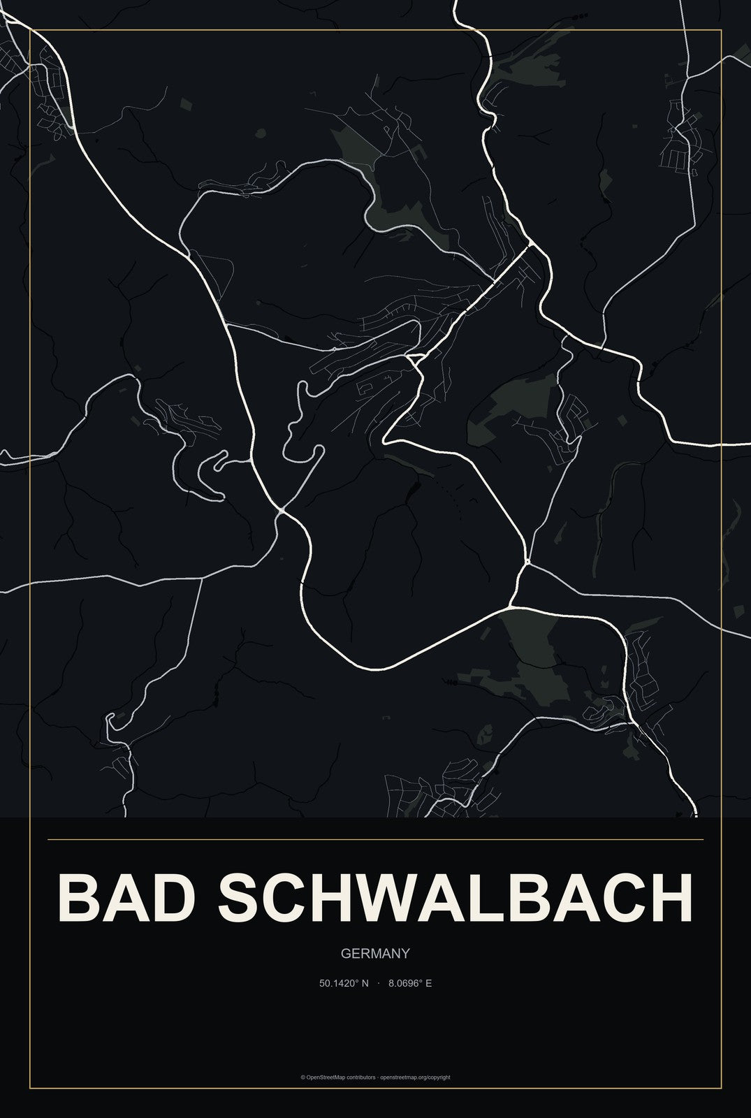 Bad Schwalbach, Germany City Map Aluminum Sign in Metropolitan Noir style