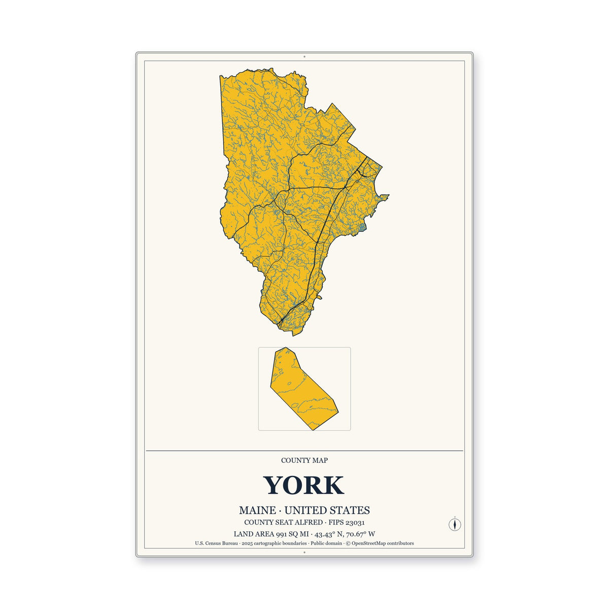 York County, Maine Map Aluminum Sign in Citrine Modern style