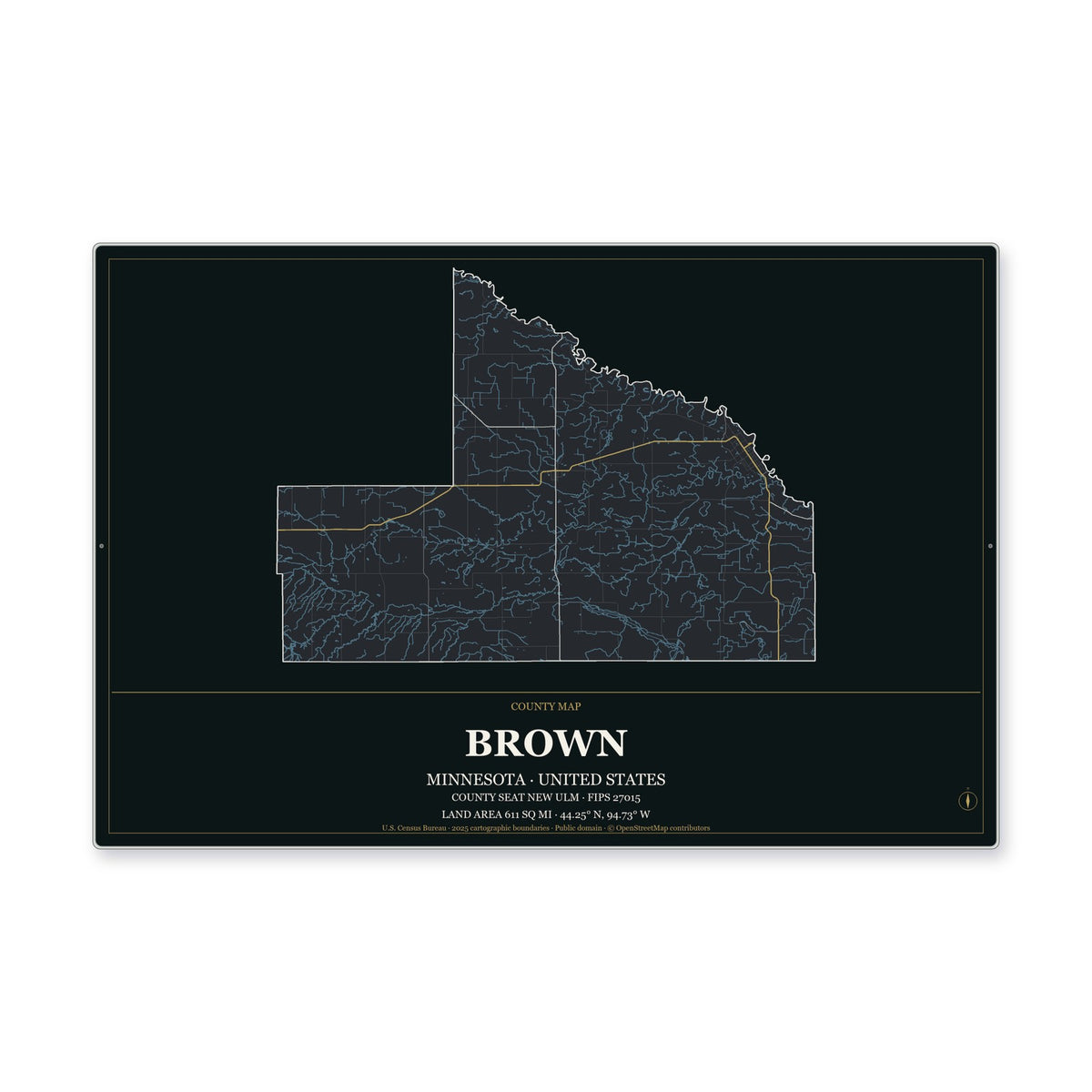 Brown County, Minnesota Map Aluminum Sign in Metropolitan Noir style