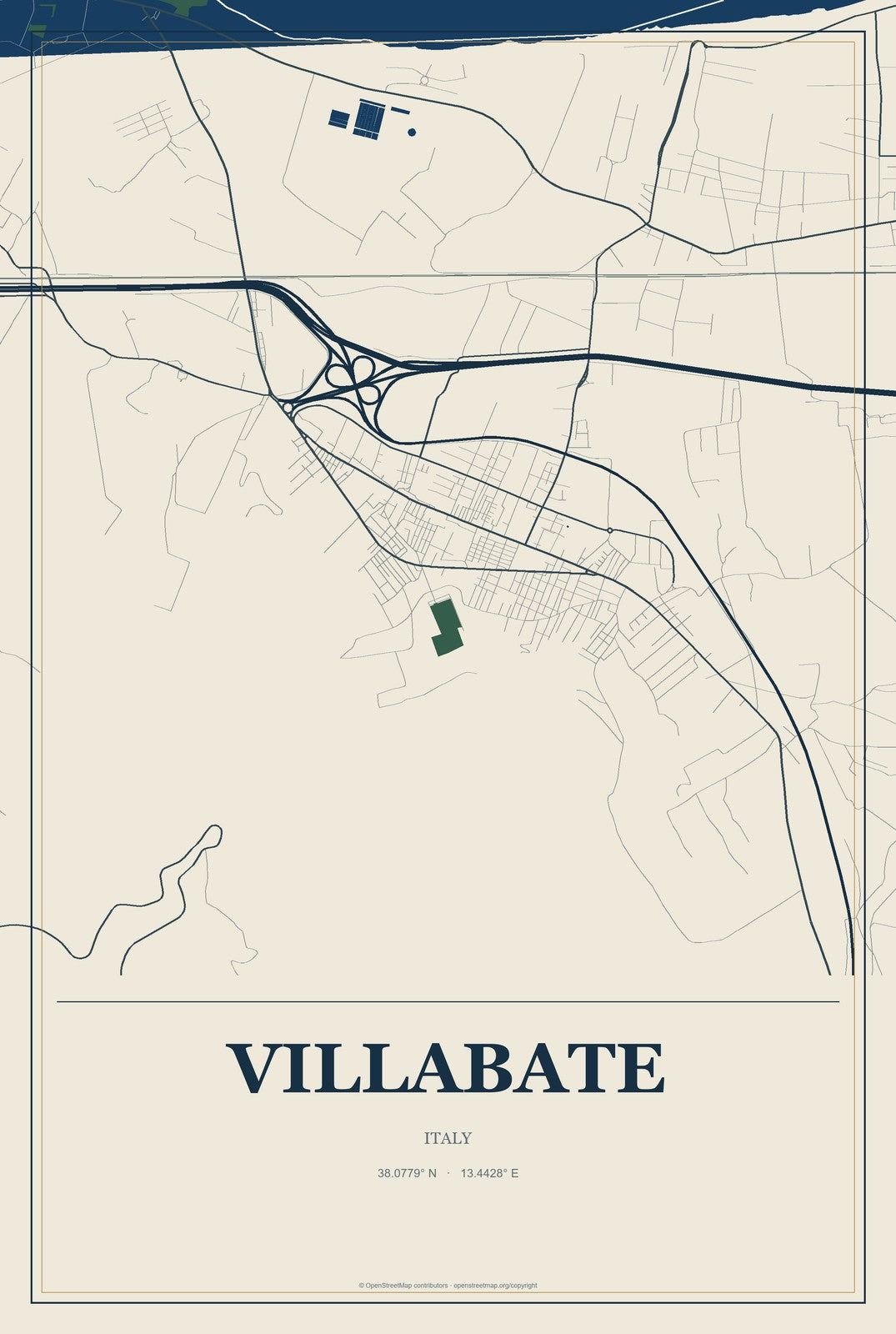 Villabate, Italy City Map Aluminum Sign in Coastal Cutout style
