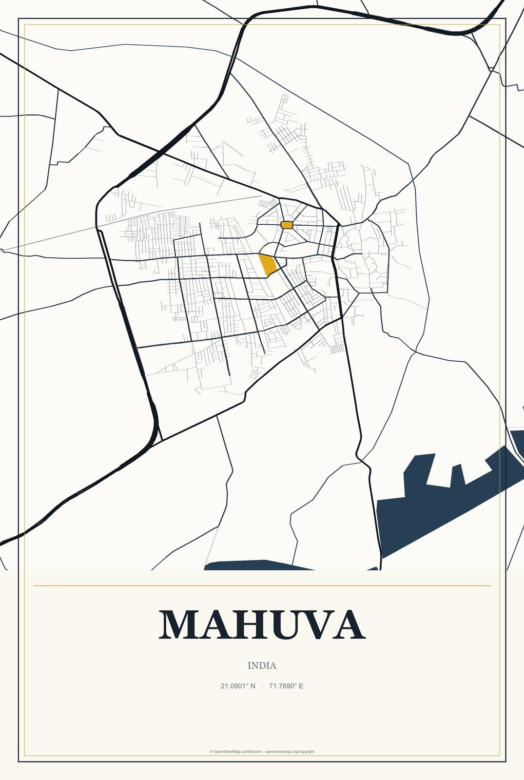 Mahuva, India City Map Aluminum Sign in Citrine Modern style
