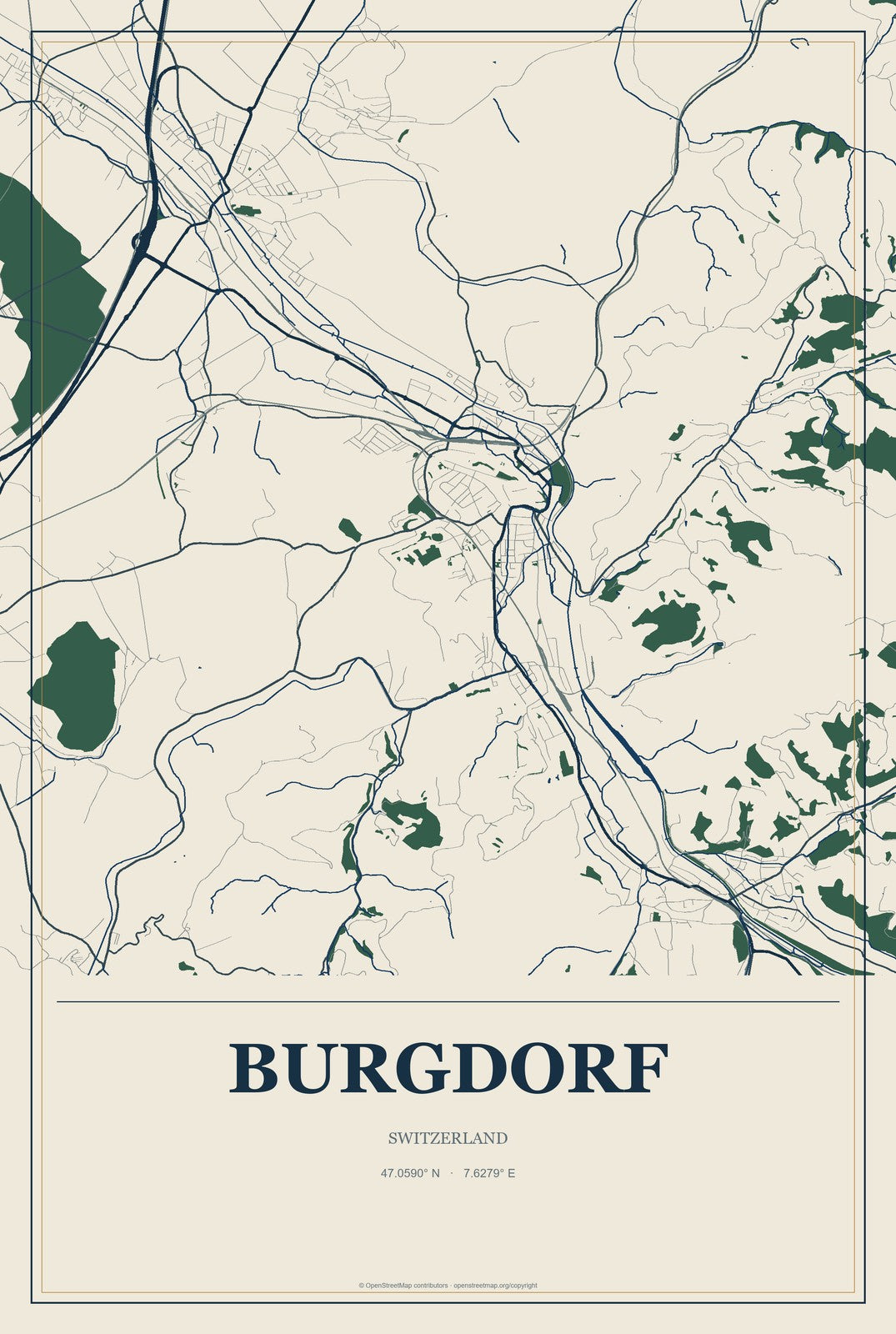 Burgdorf, Switzerland City Map Aluminum Sign in Coastal Cutout style