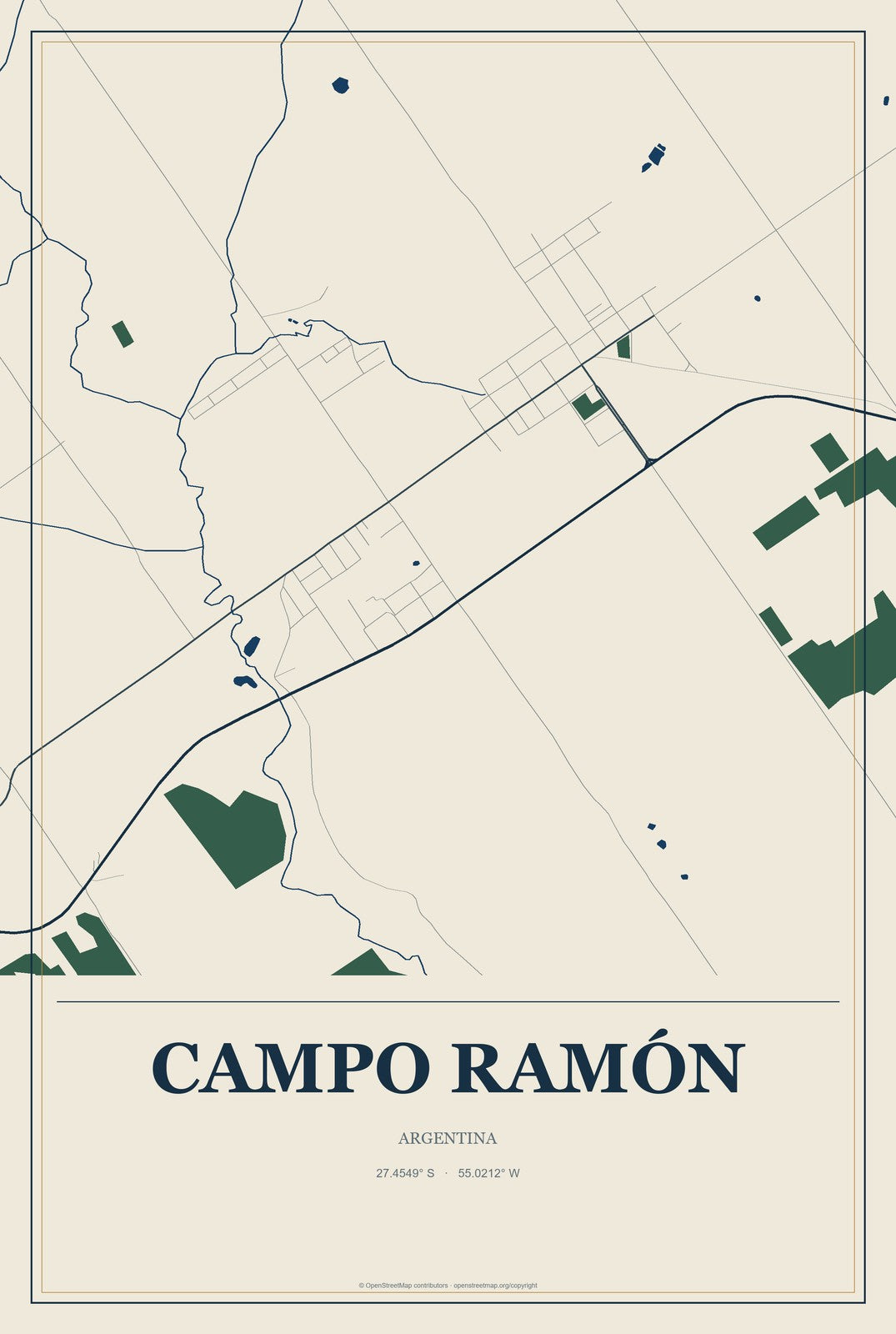 Campo Ramón, Argentina City Map Aluminum Sign in Coastal Cutout style
