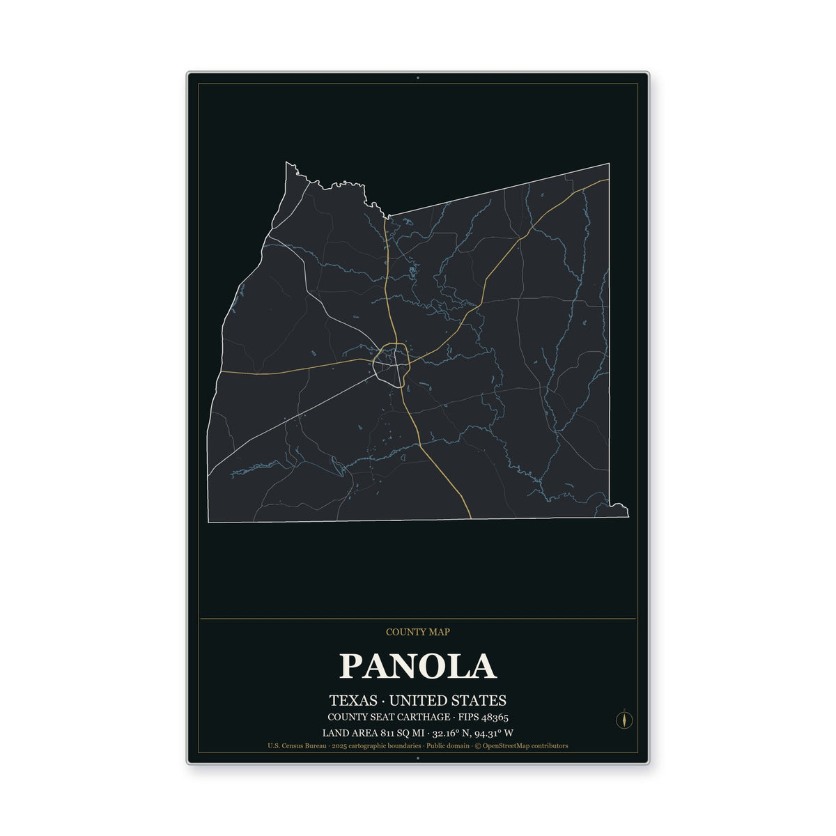 Panola County, Texas Map Aluminum Sign in Metropolitan Noir style
