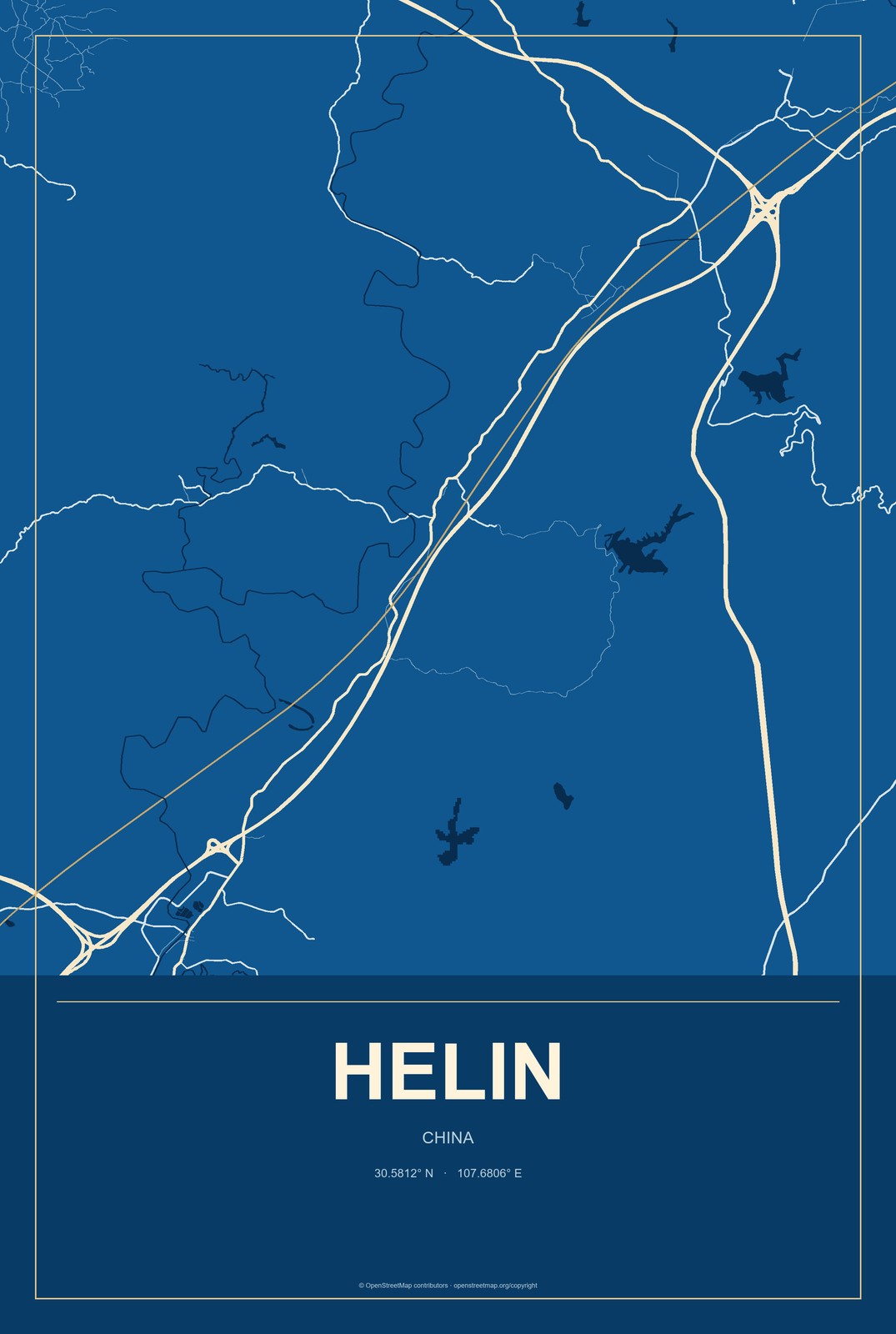 Helin, China City Map Aluminum Sign in Harbor Cobalt style