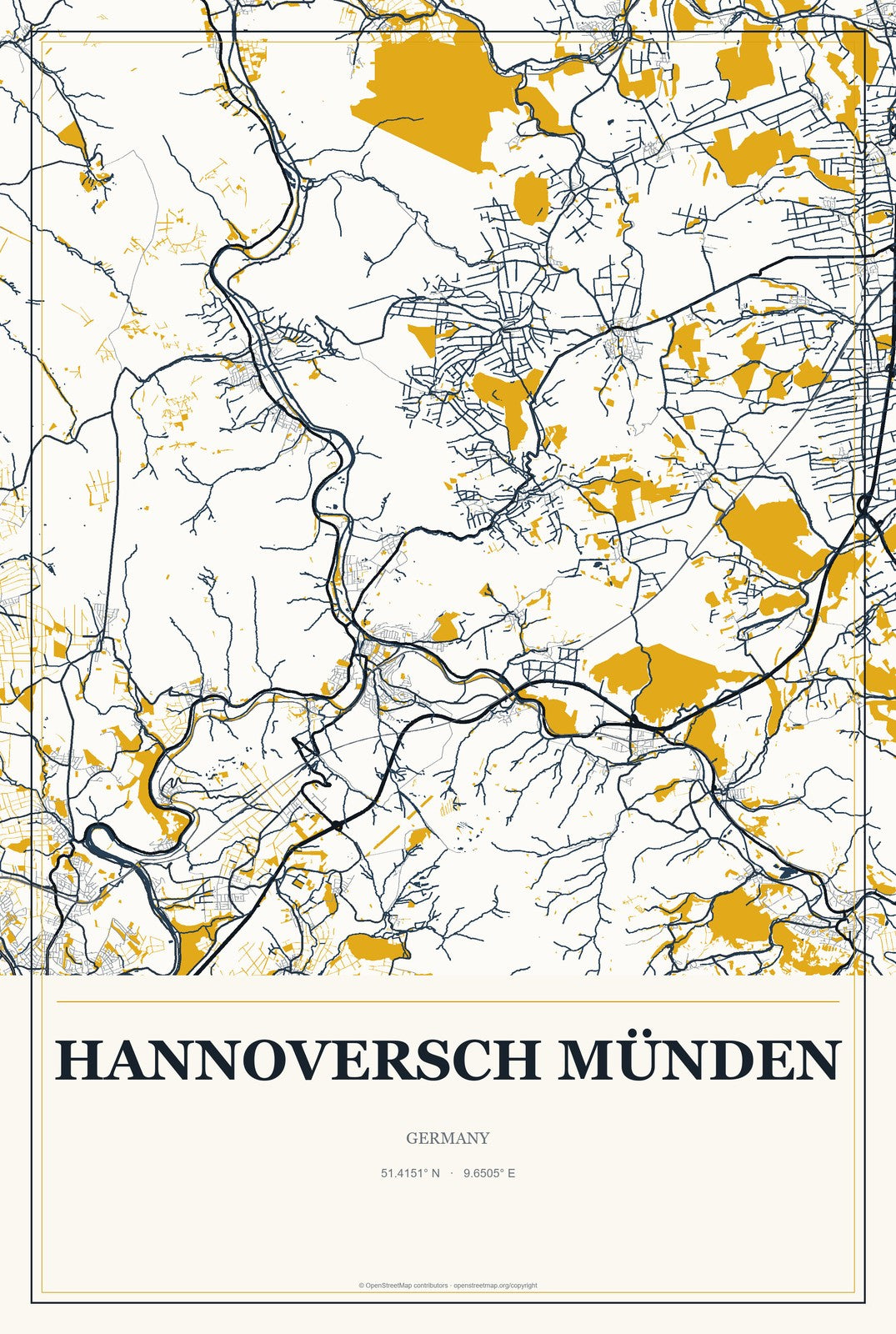 Hannoversch Münden, Germany City Map Aluminum Sign in Citrine Modern style
