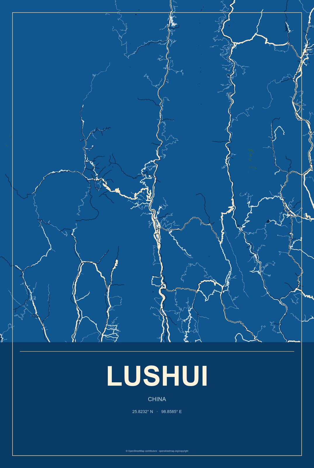 Lushui, China City Map Aluminum Sign in Harbor Cobalt style