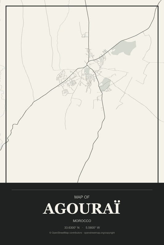 Agouraï, Morocco City Map Aluminum Sign in Museum Plaque style