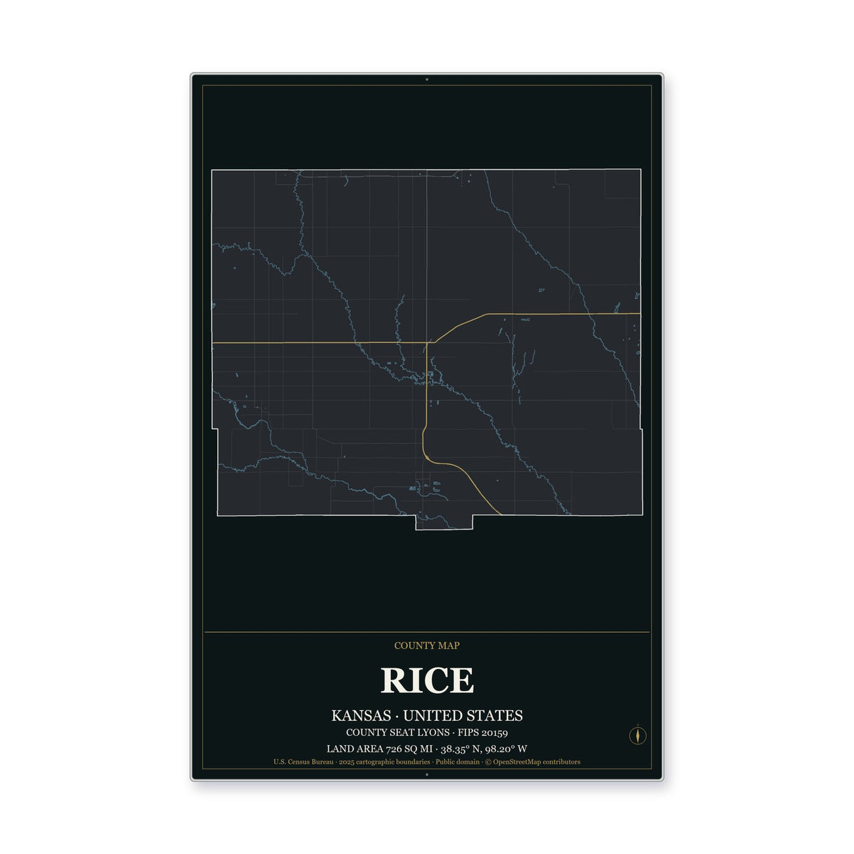 Rice County, Kansas Map Aluminum Sign in Metropolitan Noir style