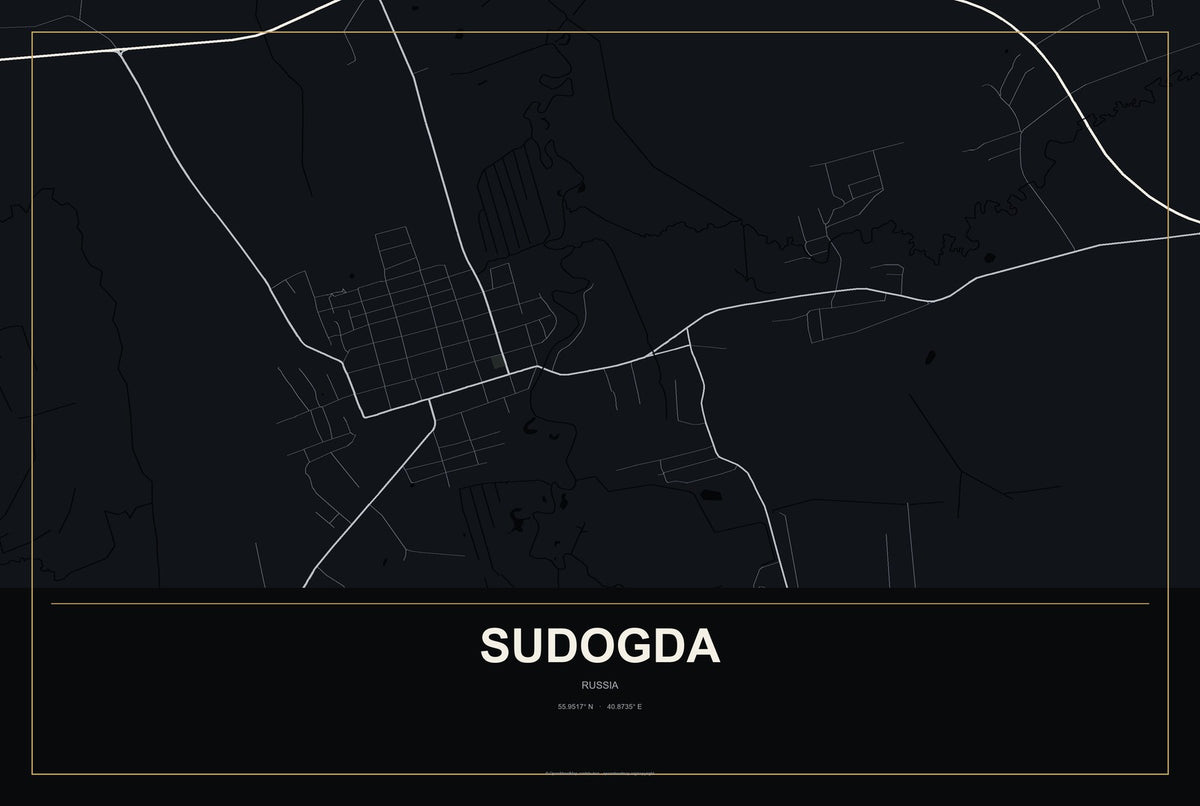 Sudogda, Russia City Map Aluminum Sign in Metropolitan Noir style