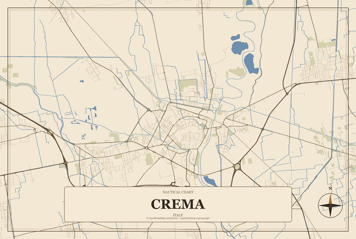 Crema, Italy City Map Aluminum Sign in Heritage Nautical style