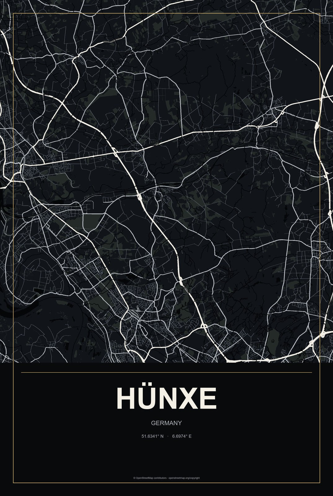Hünxe, Germany City Map Aluminum Sign in Metropolitan Noir style