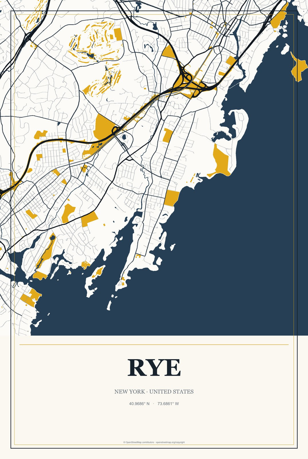 Rye, New York City Map Aluminum Sign in Citrine Modern style