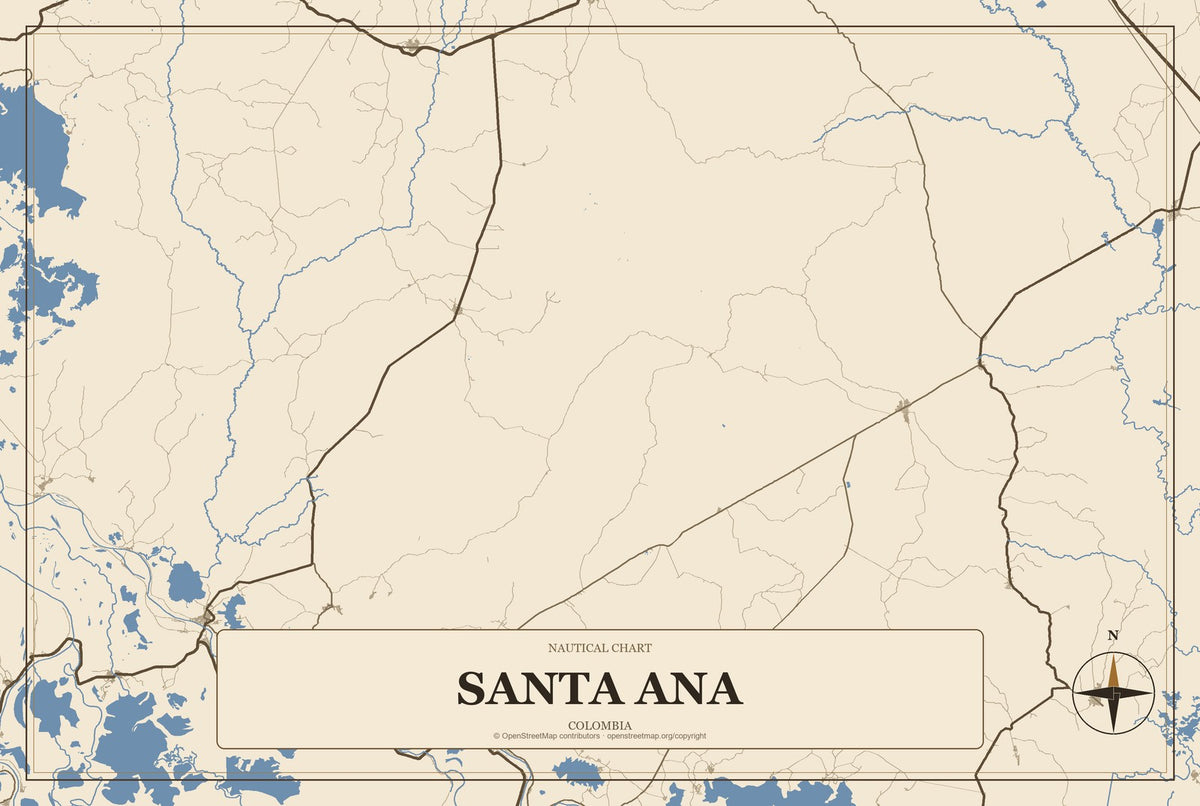 Santa Ana, Colombia City Map Aluminum Sign in Heritage Nautical style