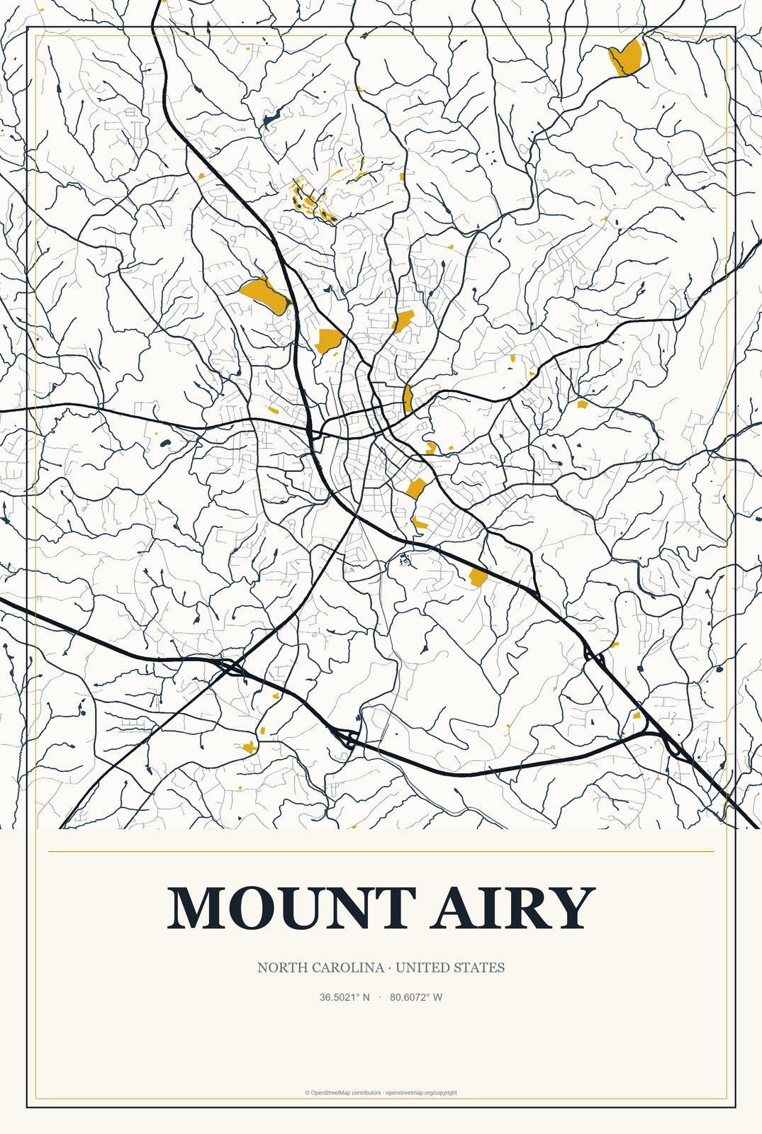 Mount Airy, North Carolina City Map Aluminum Sign in Citrine Modern style