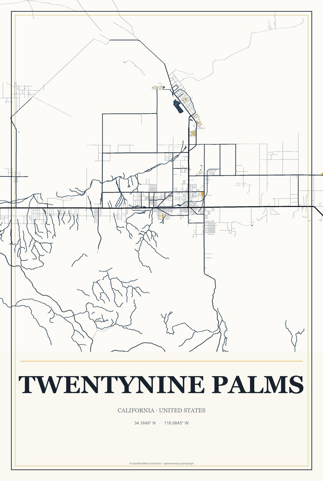 Twentynine Palms, California City Map Aluminum Sign in Citrine Modern style