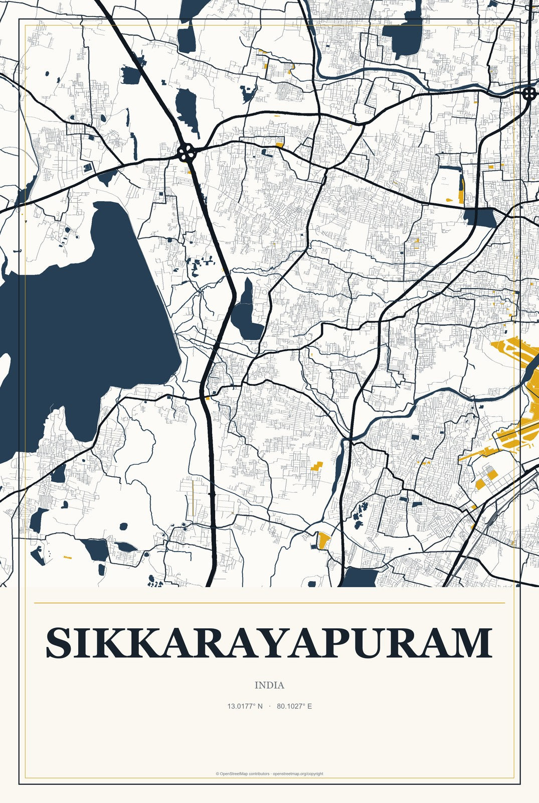 Sikkarayapuram, India City Map Aluminum Sign in Citrine Modern style