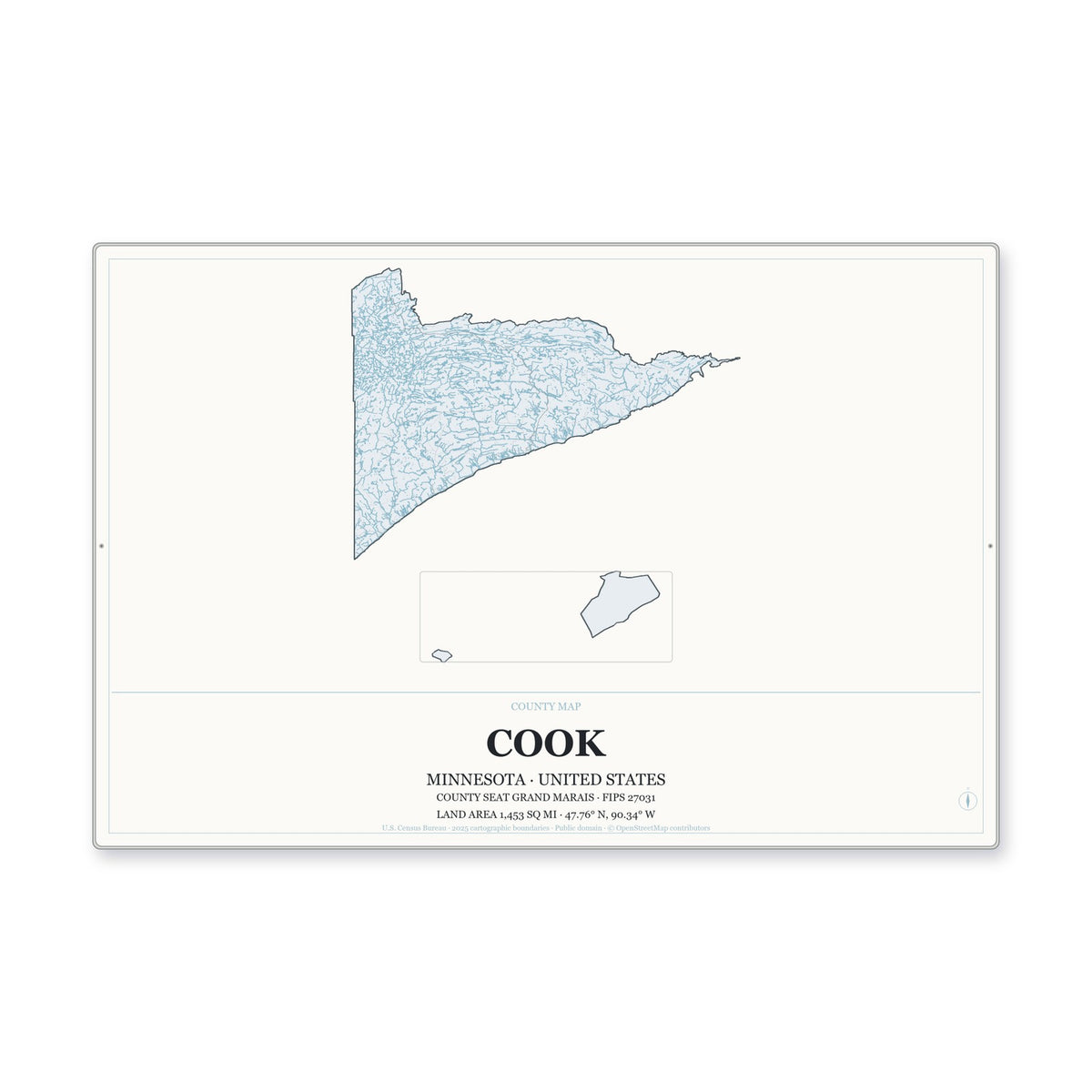 Cook County, Minnesota Map Aluminum Sign in Gallery Air style
