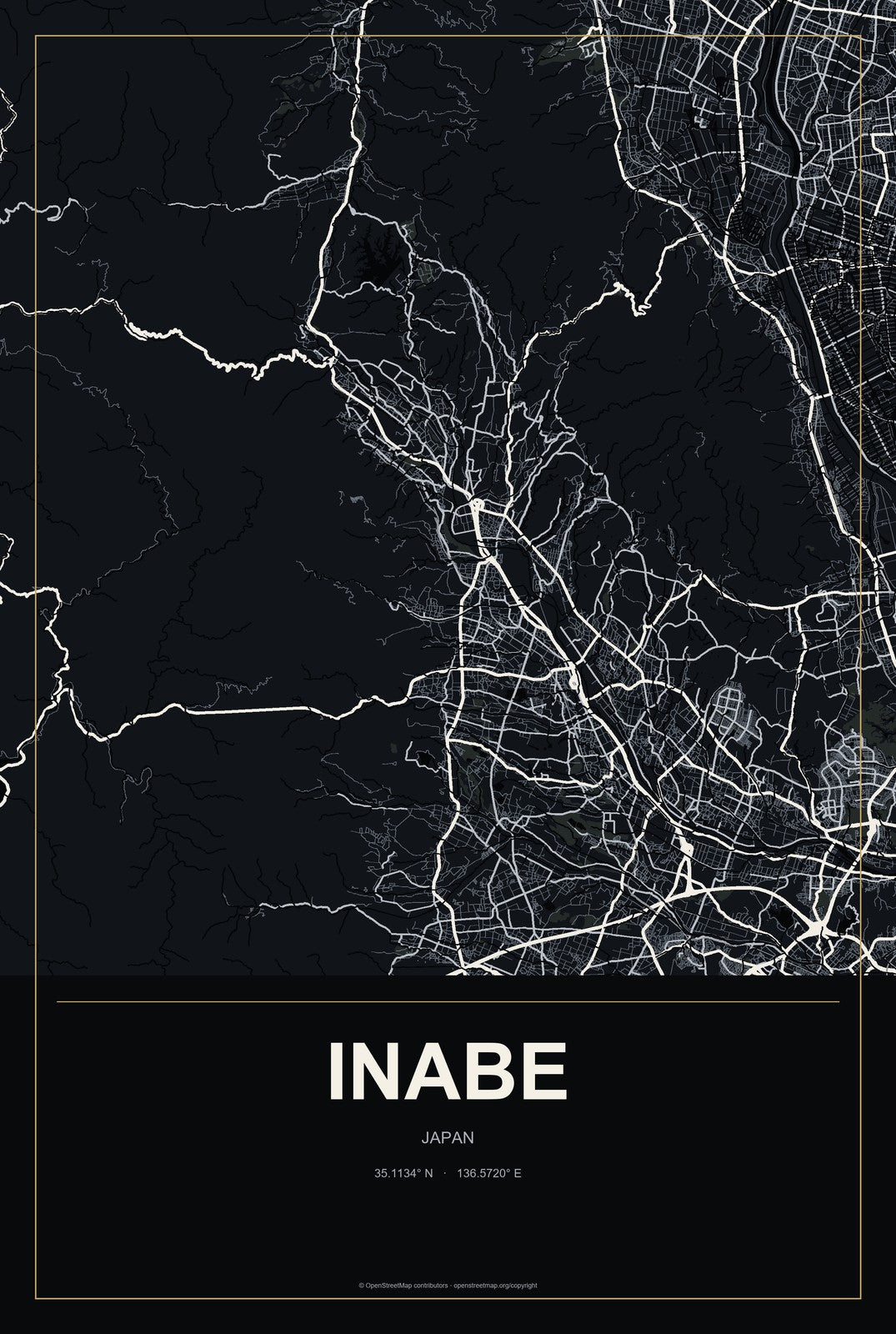 Inabe, Japan City Map Aluminum Sign in Metropolitan Noir style