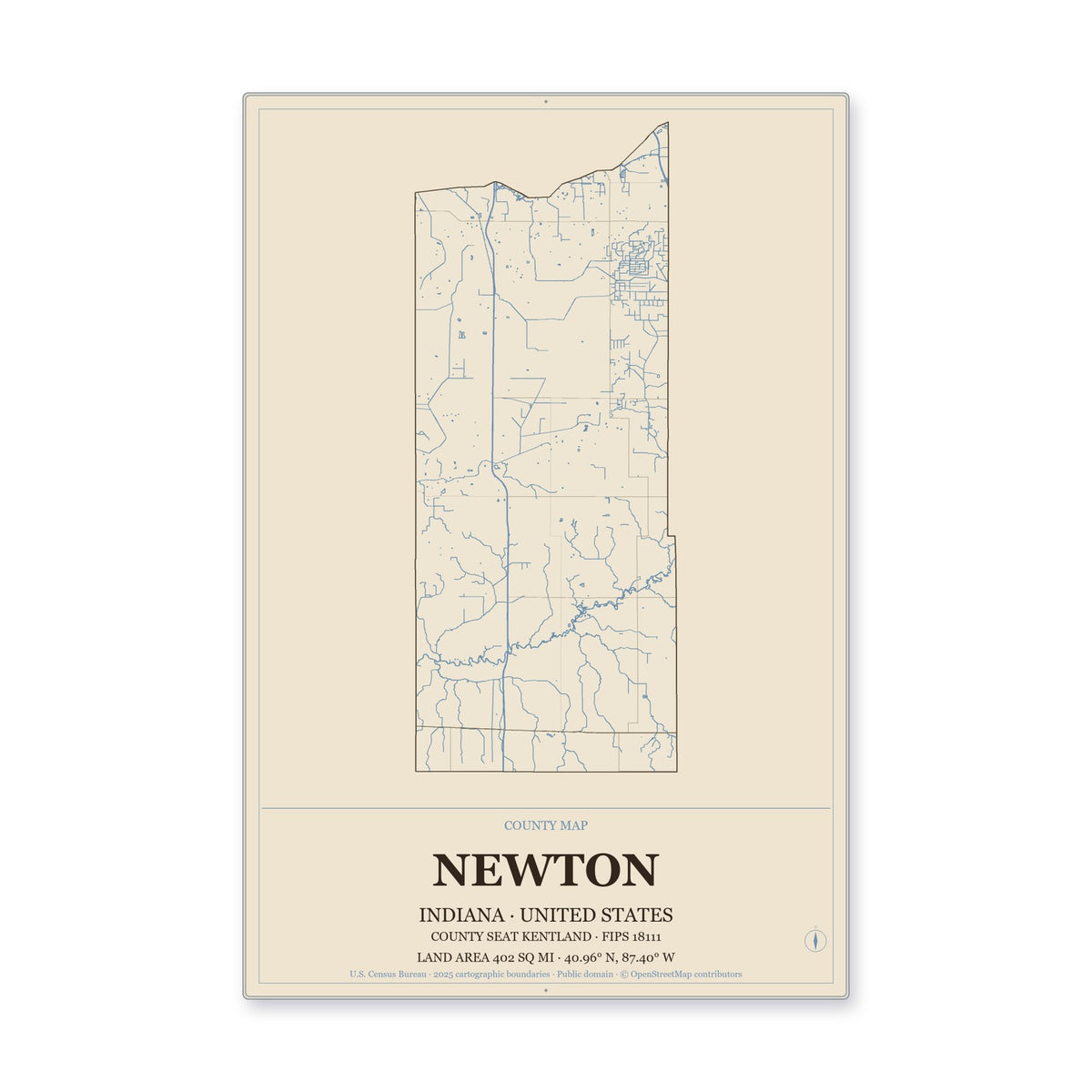 Newton County, Indiana Map Aluminum Sign in Heritage Nautical style