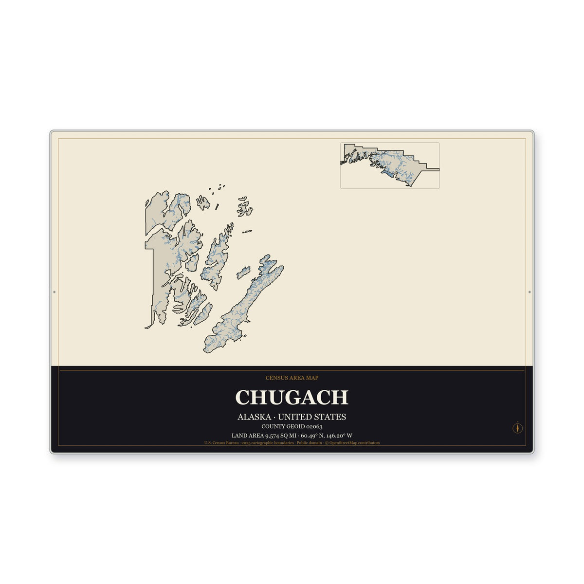 Chugach Census Area, Alaska Map Aluminum Sign in Museum Plaque style