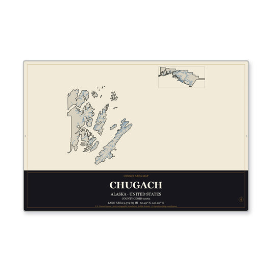 Chugach Census Area, Alaska Map Aluminum Sign in Museum Plaque style