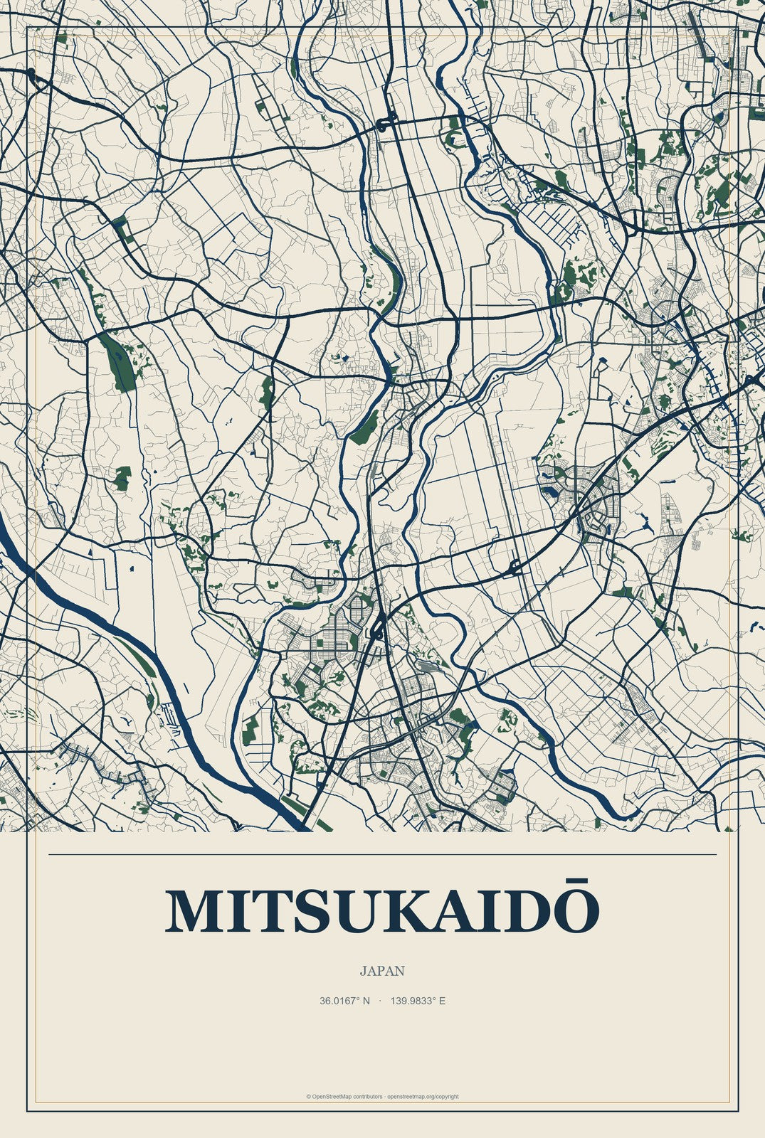 Mitsukaidō, Japan City Map Aluminum Sign in Coastal Cutout style