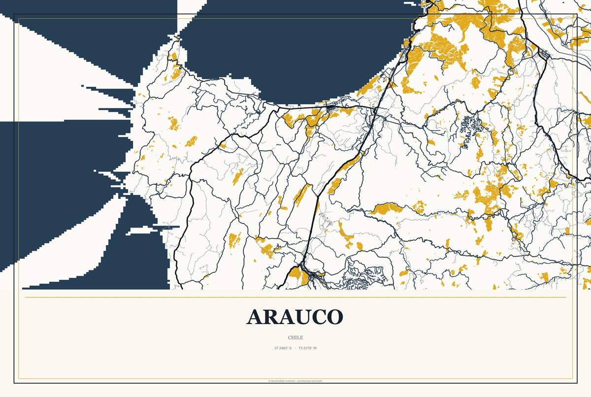 Arauco, Chile City Map Aluminum Sign in Citrine Modern style