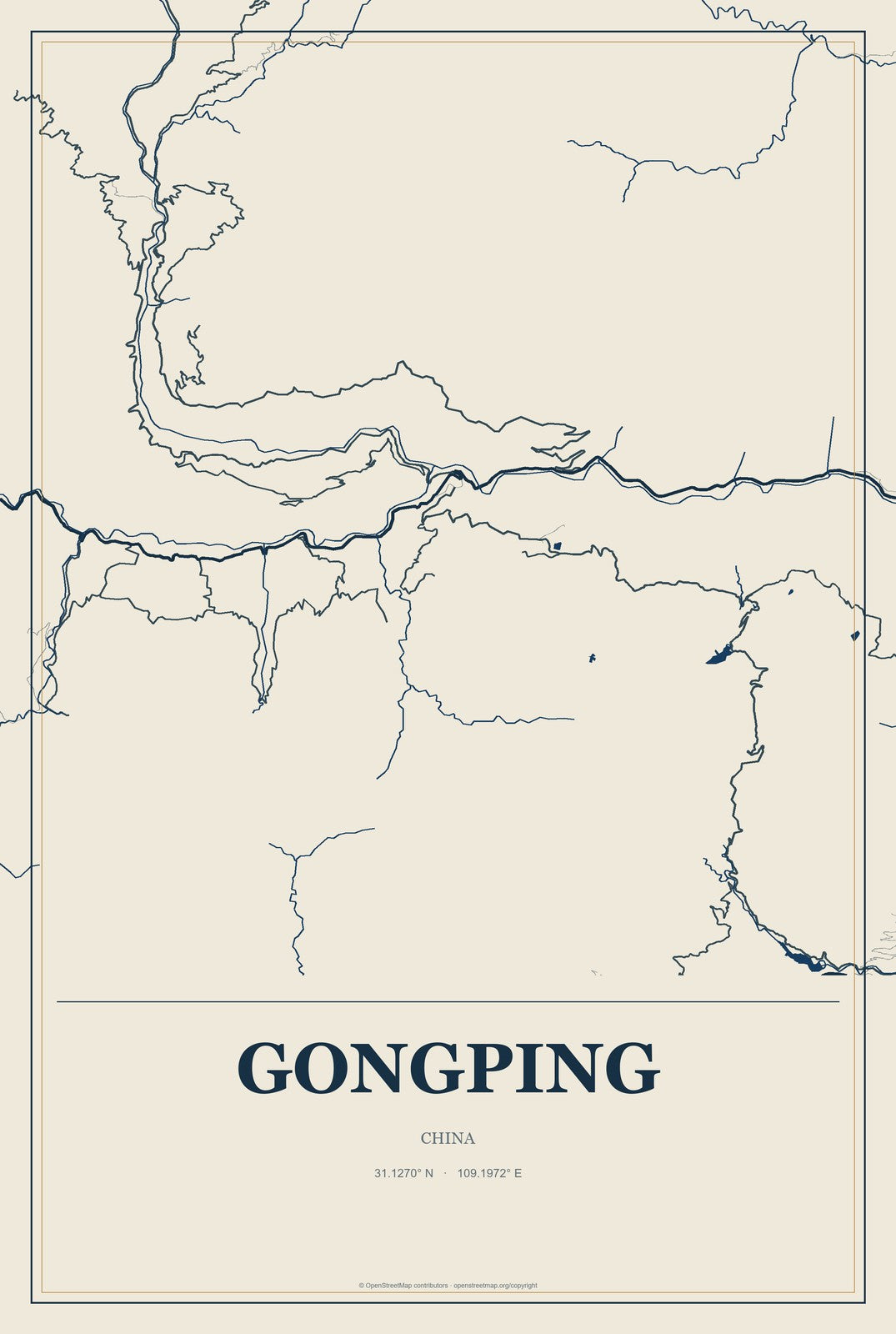 Gongping, China City Map Aluminum Sign in Coastal Cutout style