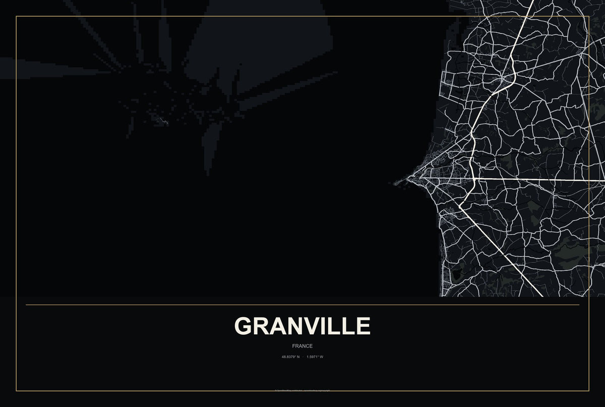 Granville, France City Map Aluminum Sign in Metropolitan Noir style