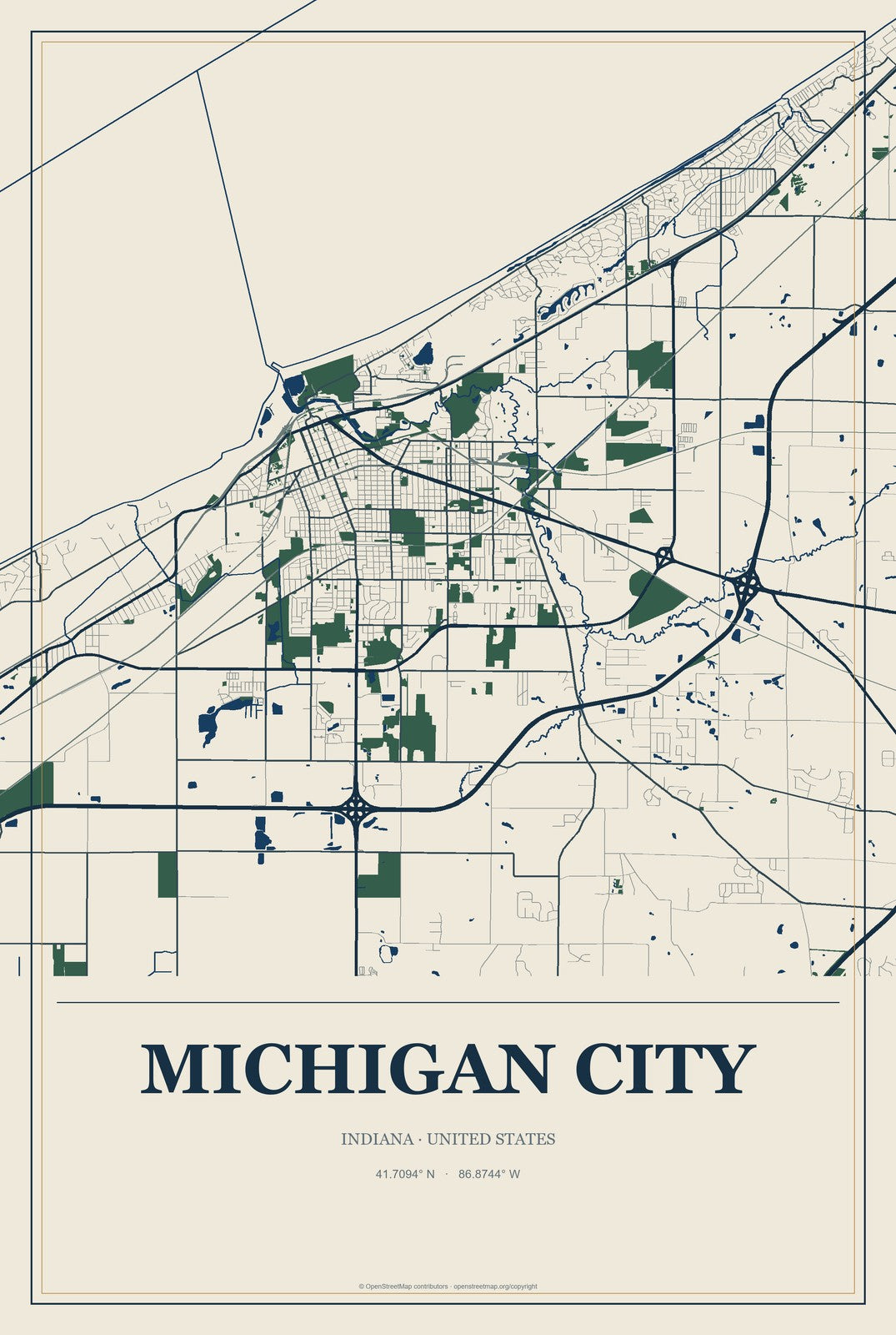 Michigan City, Indiana City Map Aluminum Sign in Coastal Cutout style