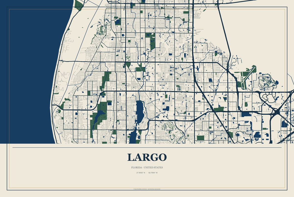 Largo, Florida City Map Aluminum Sign in Coastal Cutout style