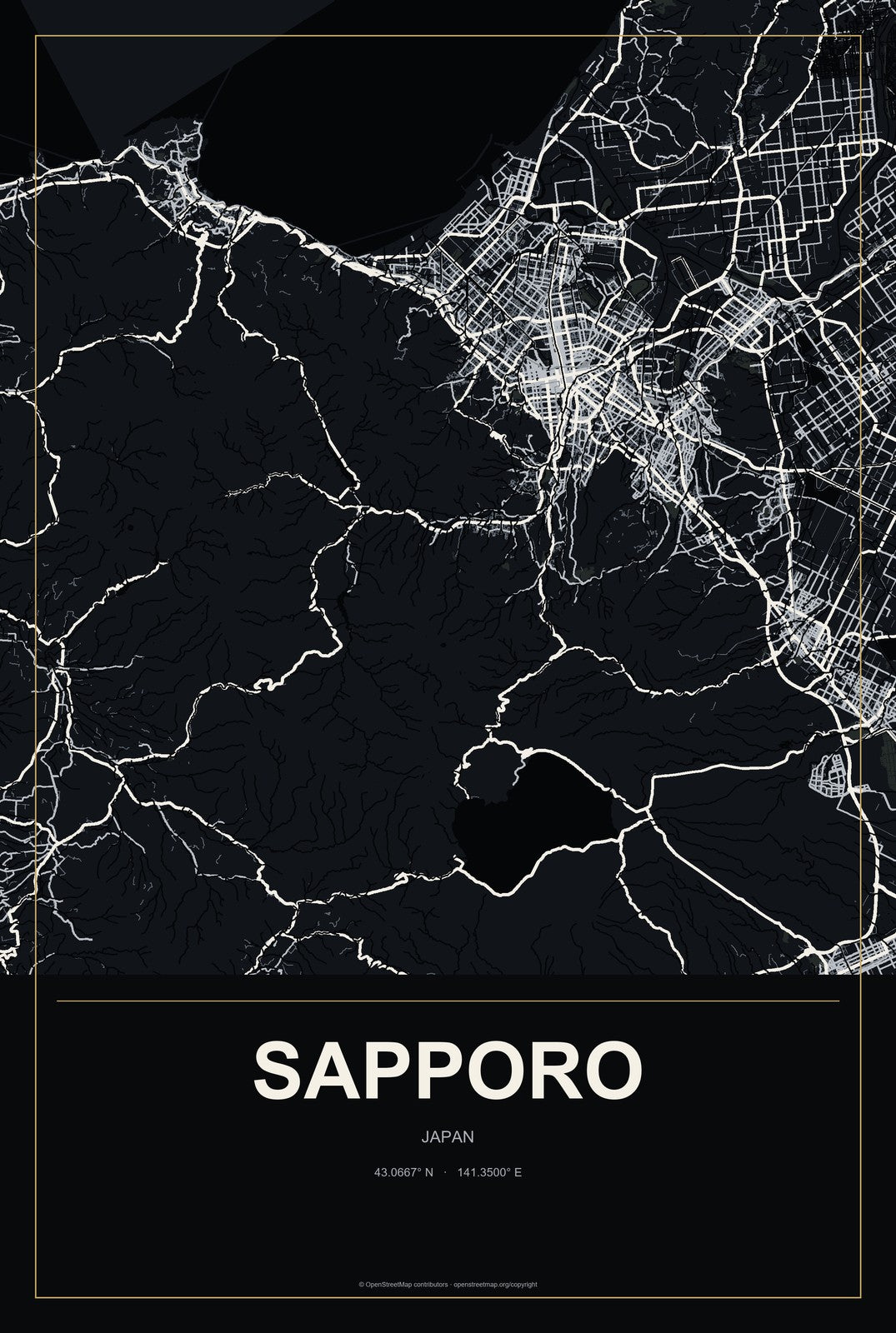 Sapporo, Japan City Map Aluminum Sign in Metropolitan Noir style