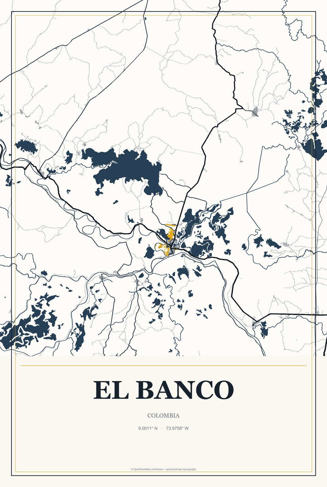 El Banco, Colombia City Map Aluminum Sign in Citrine Modern style